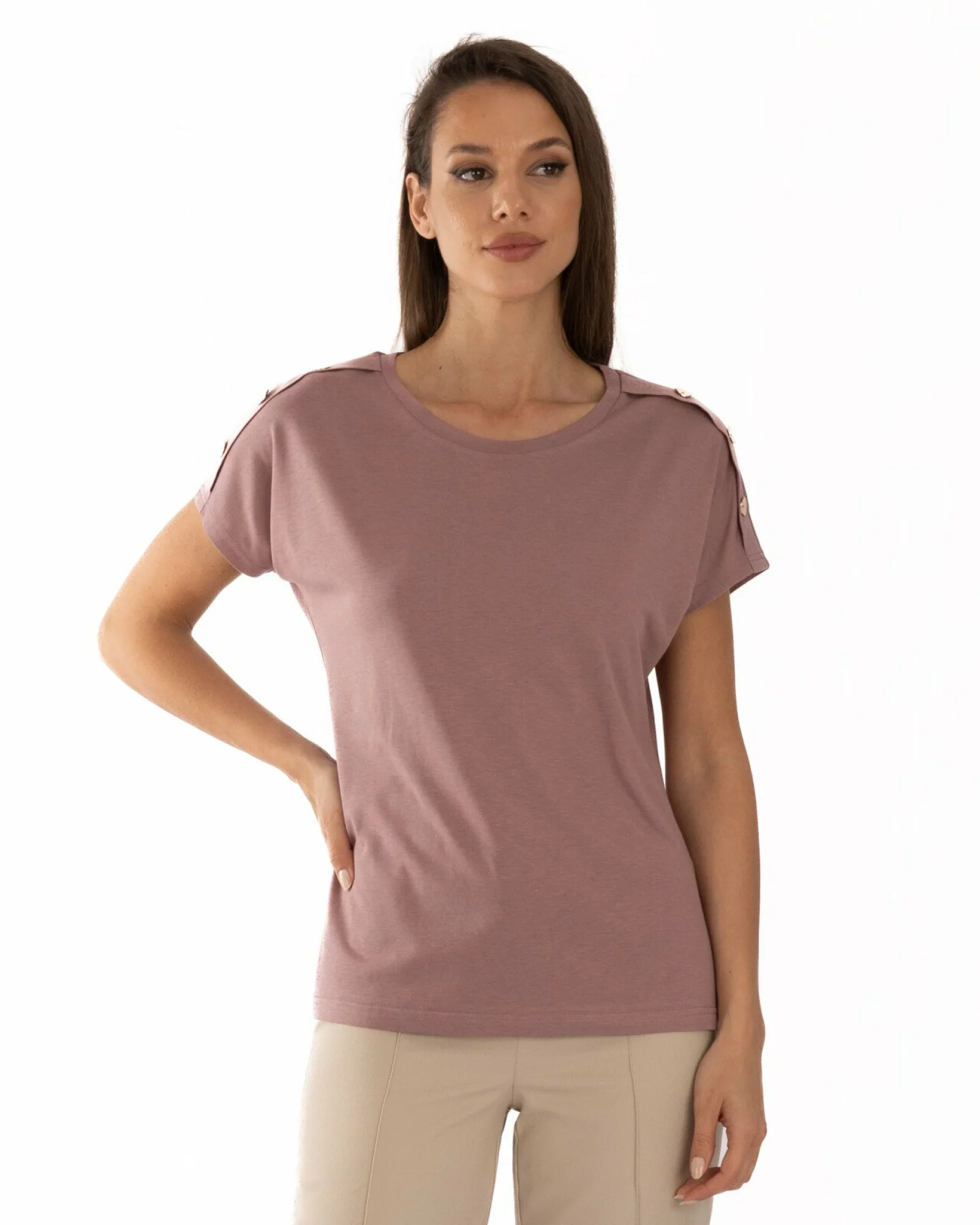 Tricou roz vintage bumbac modal cu nasturi la umăr