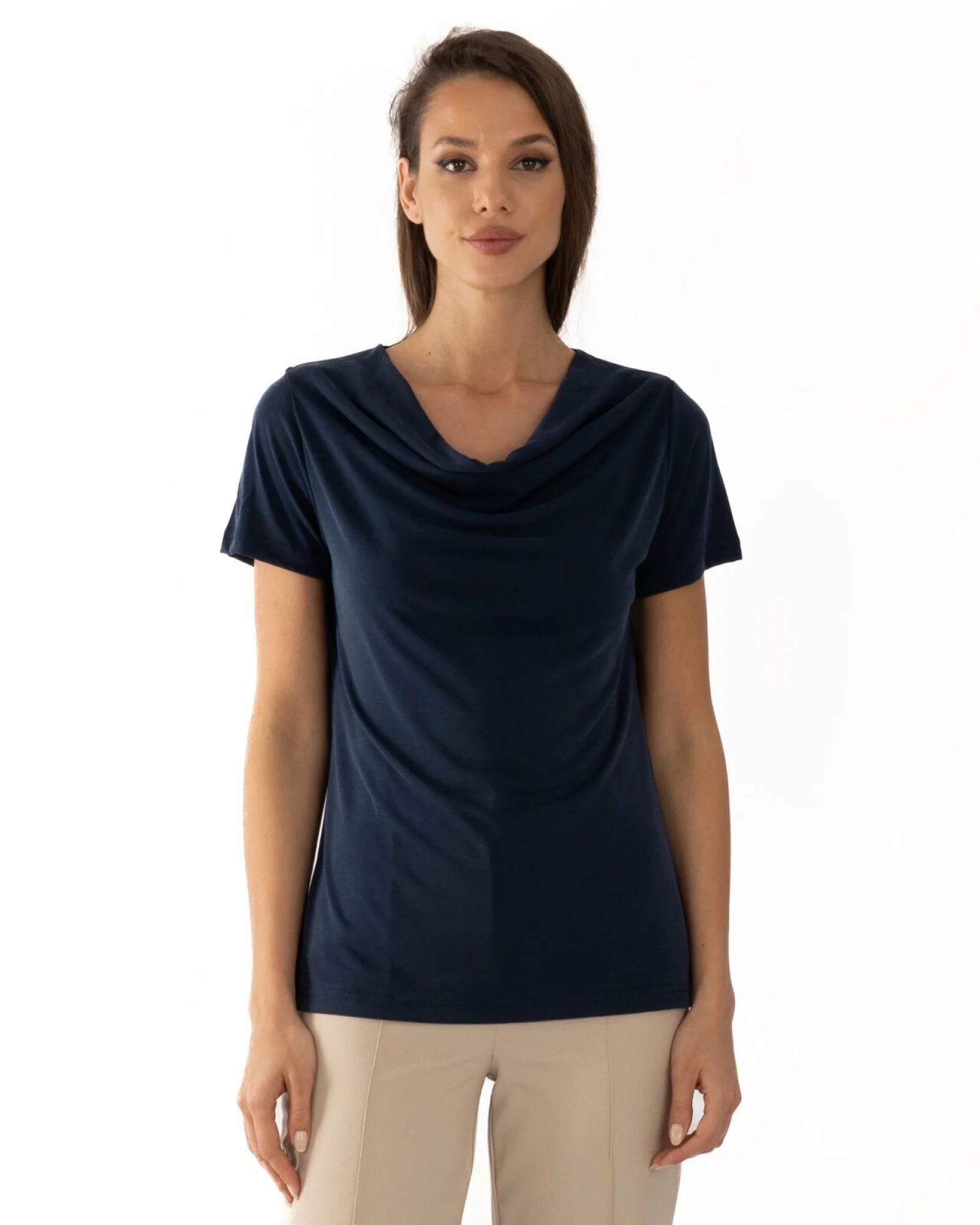 Tricou bleumarin modal cu decolteu drapat