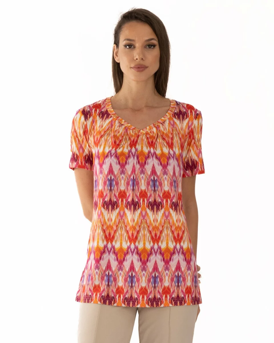 Tricou roz vâscoză elastan cu fronseu