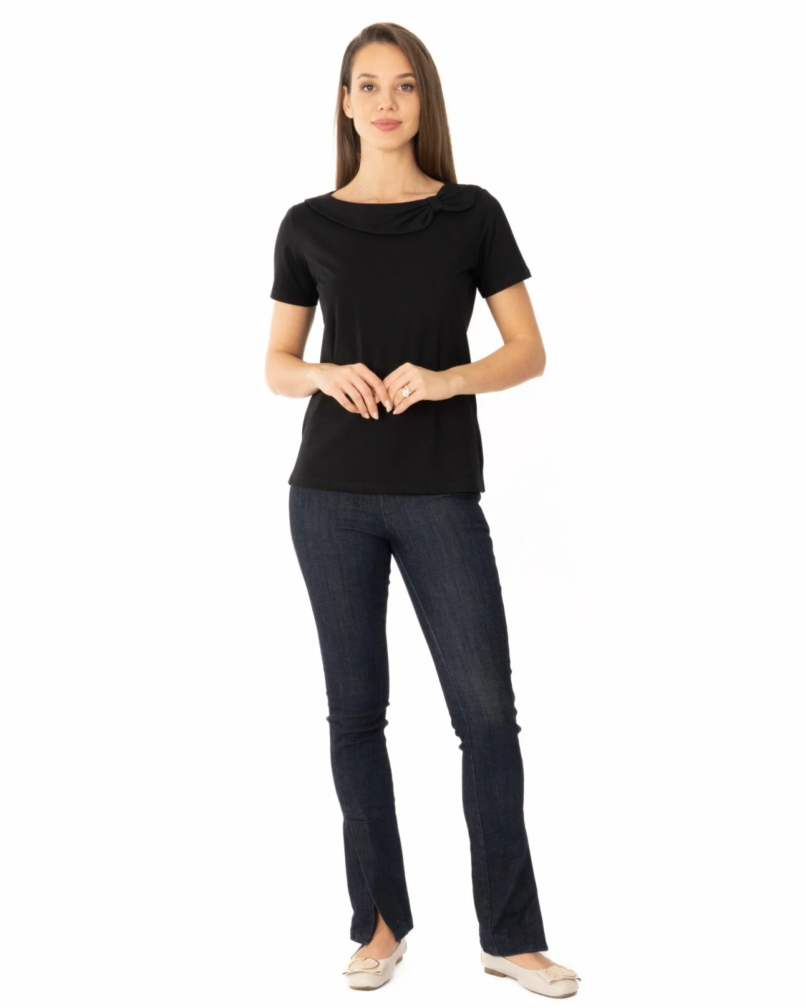 Tricou damă elegant cu guler drapat – bumbac cu lycra | Knox