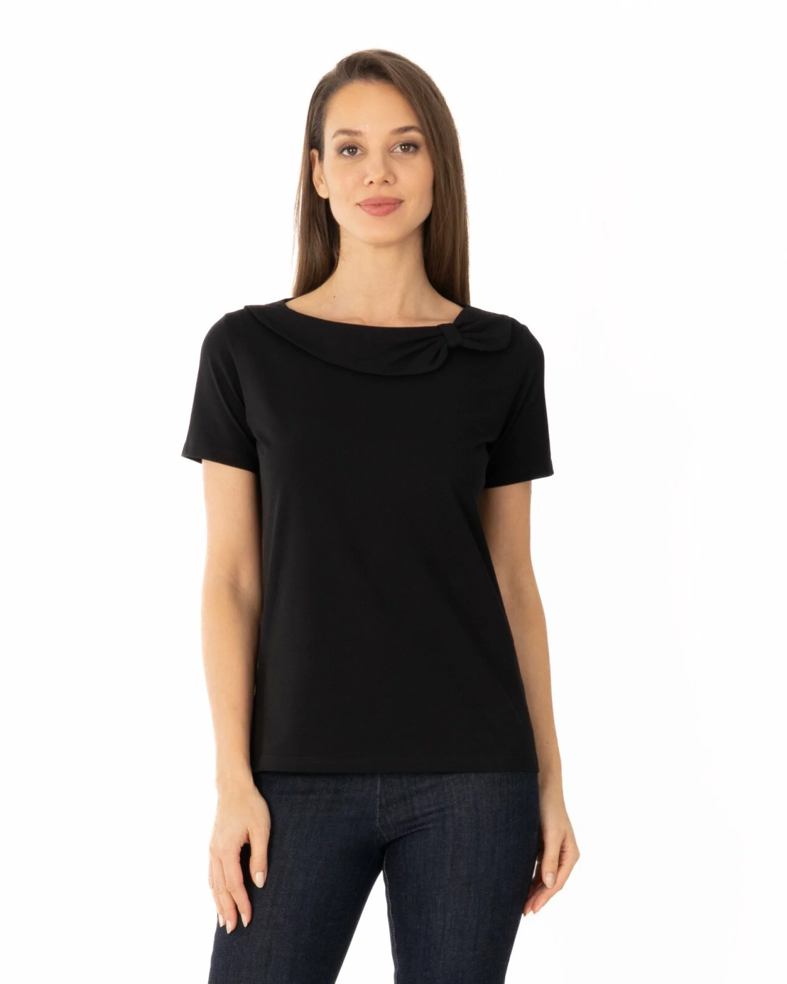 Tricou damă elegant cu guler drapat – bumbac cu lycra | Knox