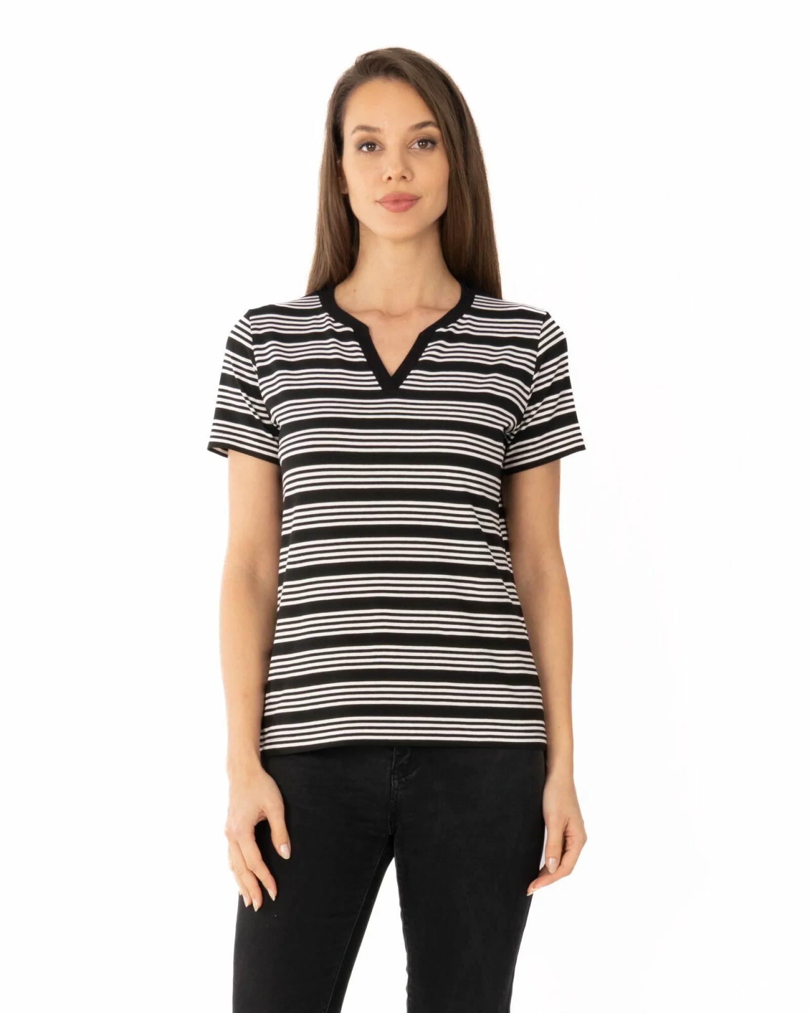 Tricou vâscoză elastan dungi cu decolteu V