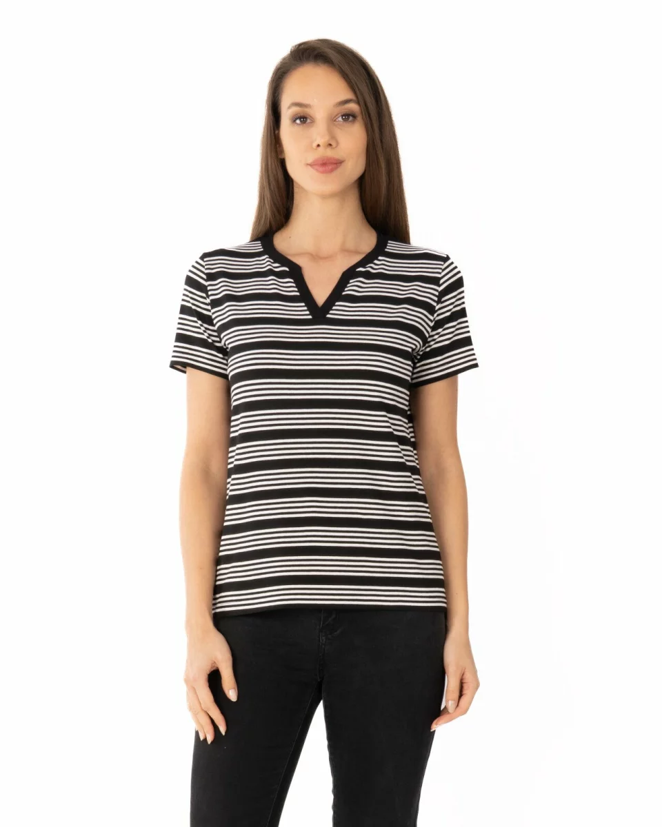 Tricou vâscoză elastan dungi cu decolteu V