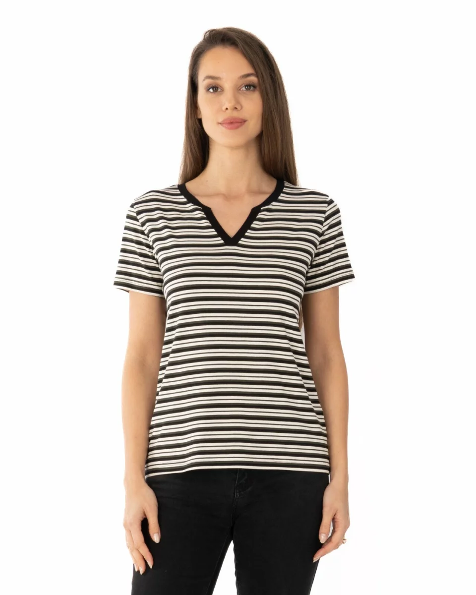 Tricou vâscoză elastan dungi cu decolteu V