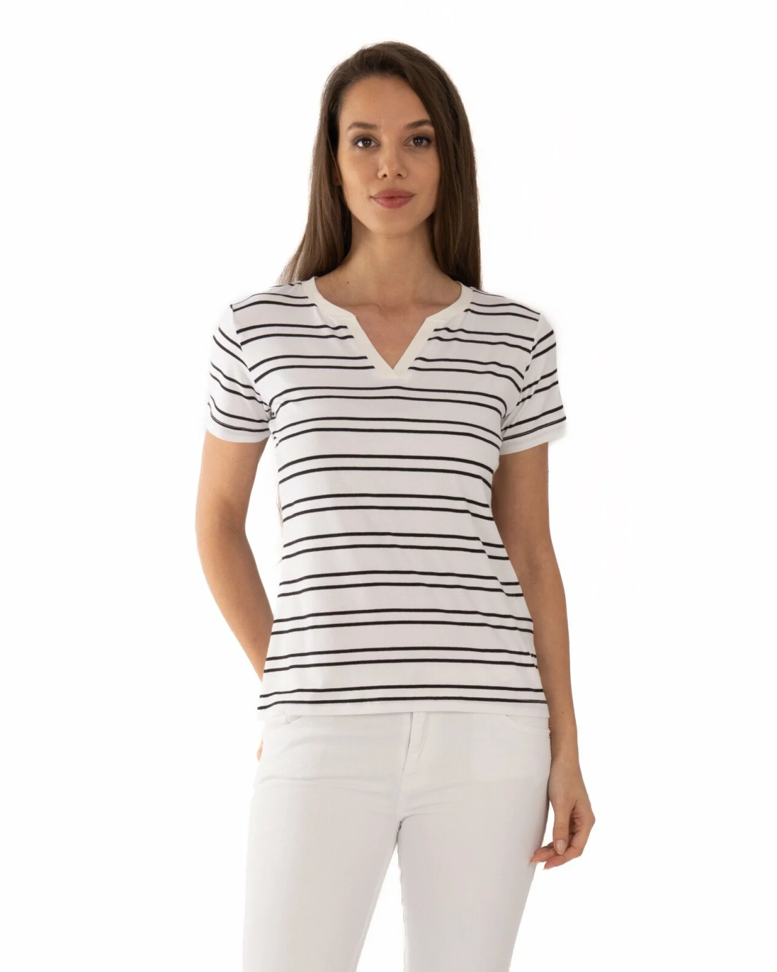 Tricou vâscoză elastan dungi cu decolteu V