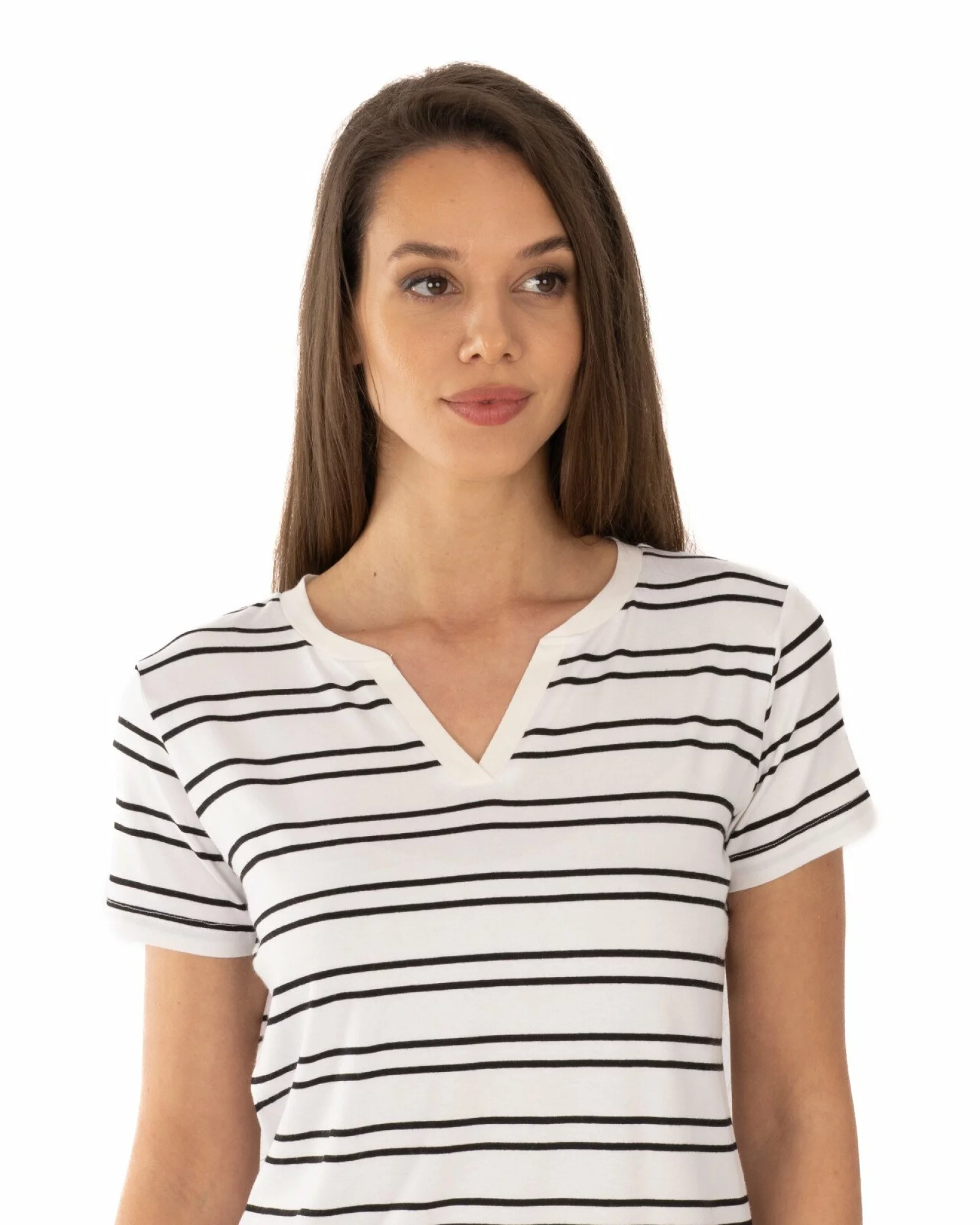 Tricou vâscoză elastan dungi cu decolteu V