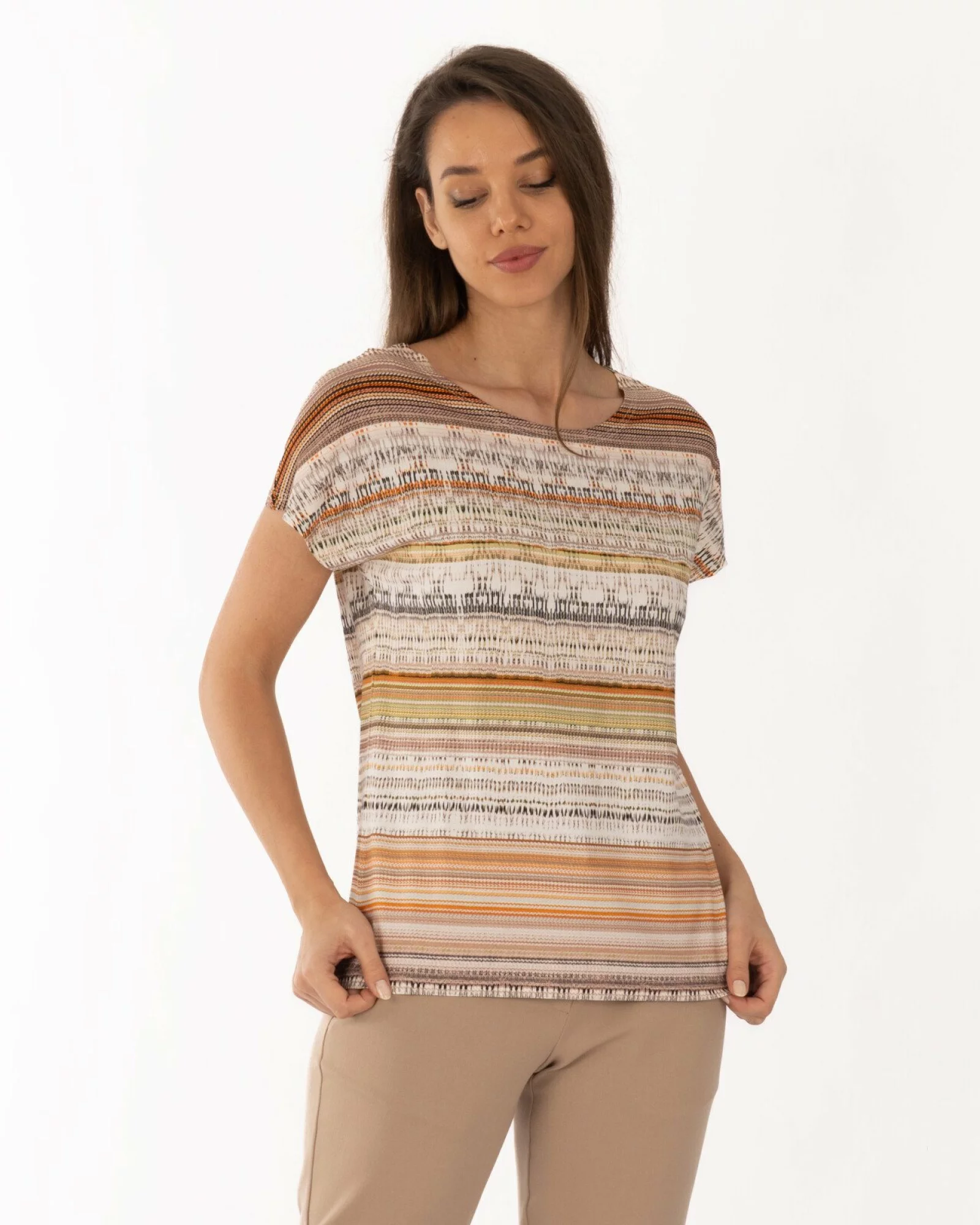 Tricou damă în dungi, croi lejer, umeri căzuți