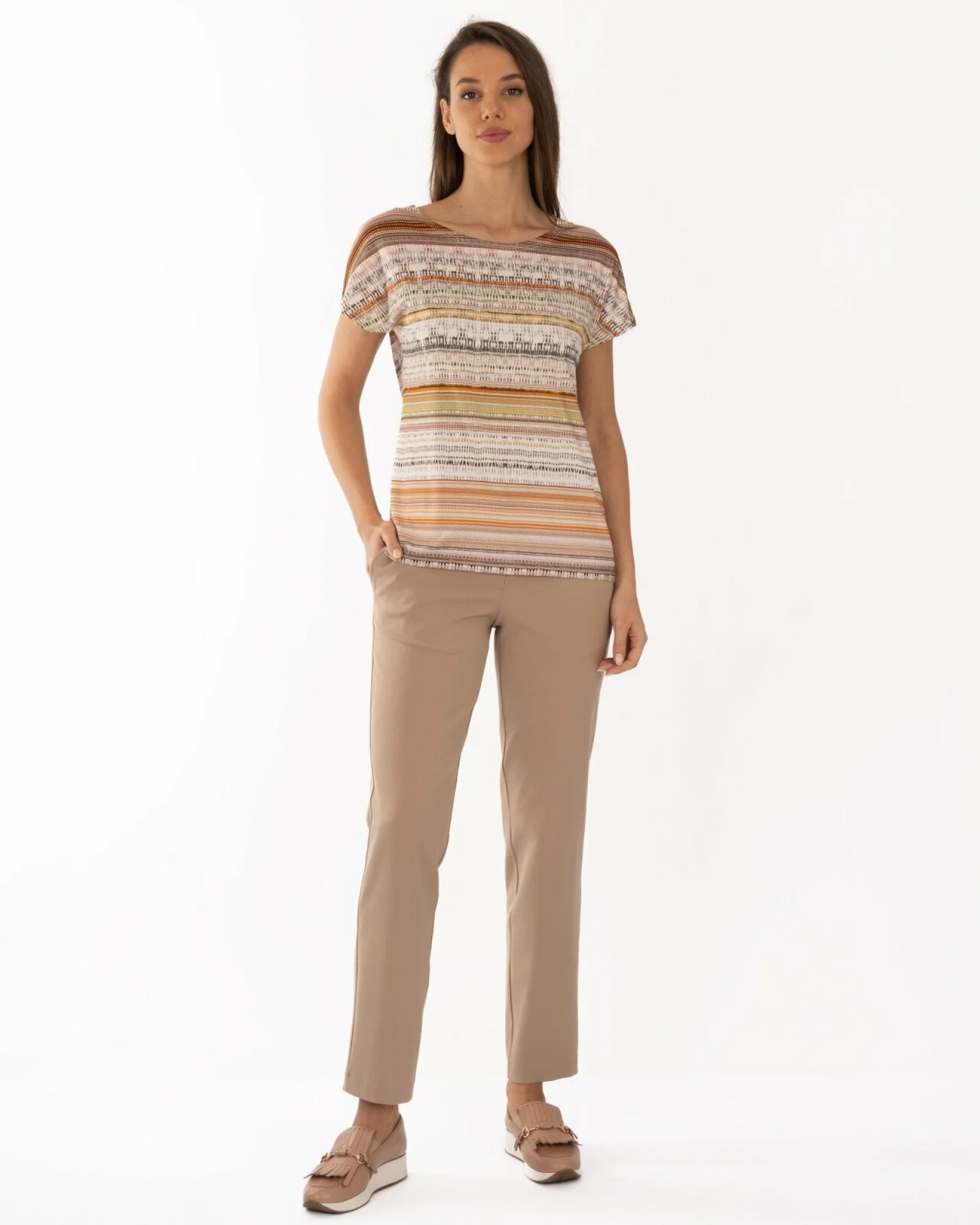 Tricou damă în dungi, croi lejer, umeri căzuți