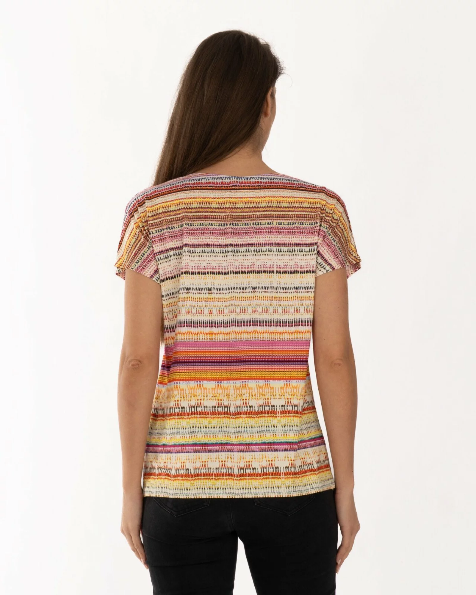 Tricou damă în dungi, croi lejer, umeri căzuți