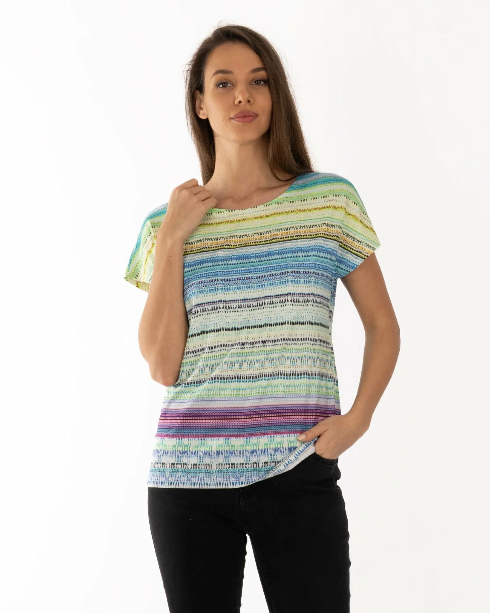 Tricou damă în dungi, croi lejer, umeri căzuți