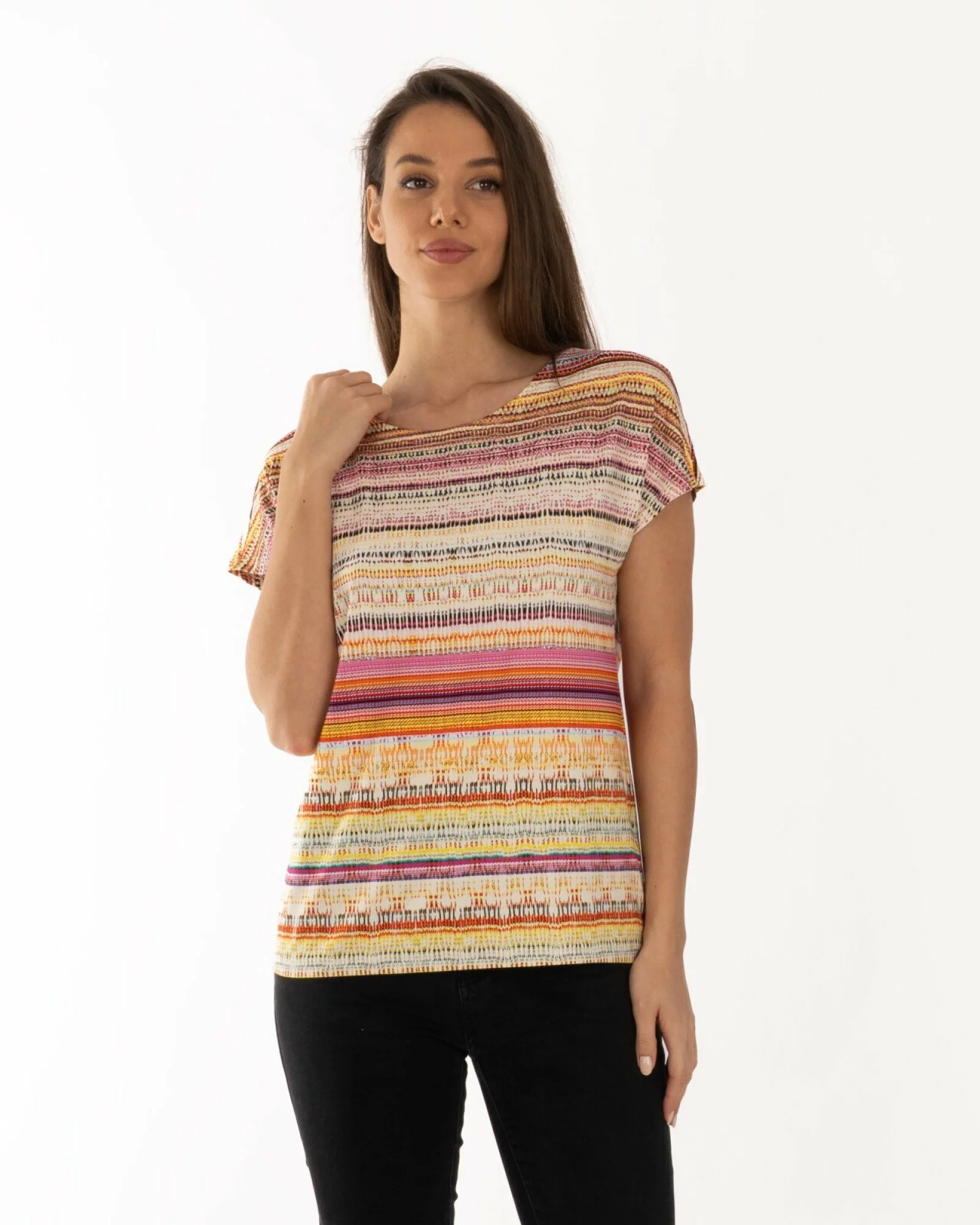 Tricou damă în dungi, croi lejer, umeri căzuți