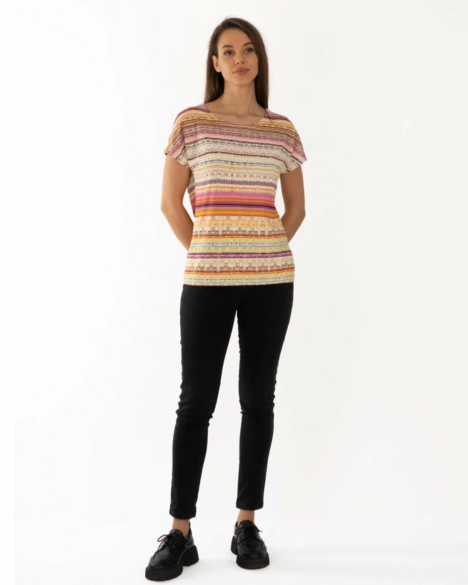 Tricou damă în dungi, croi lejer, umeri căzuți