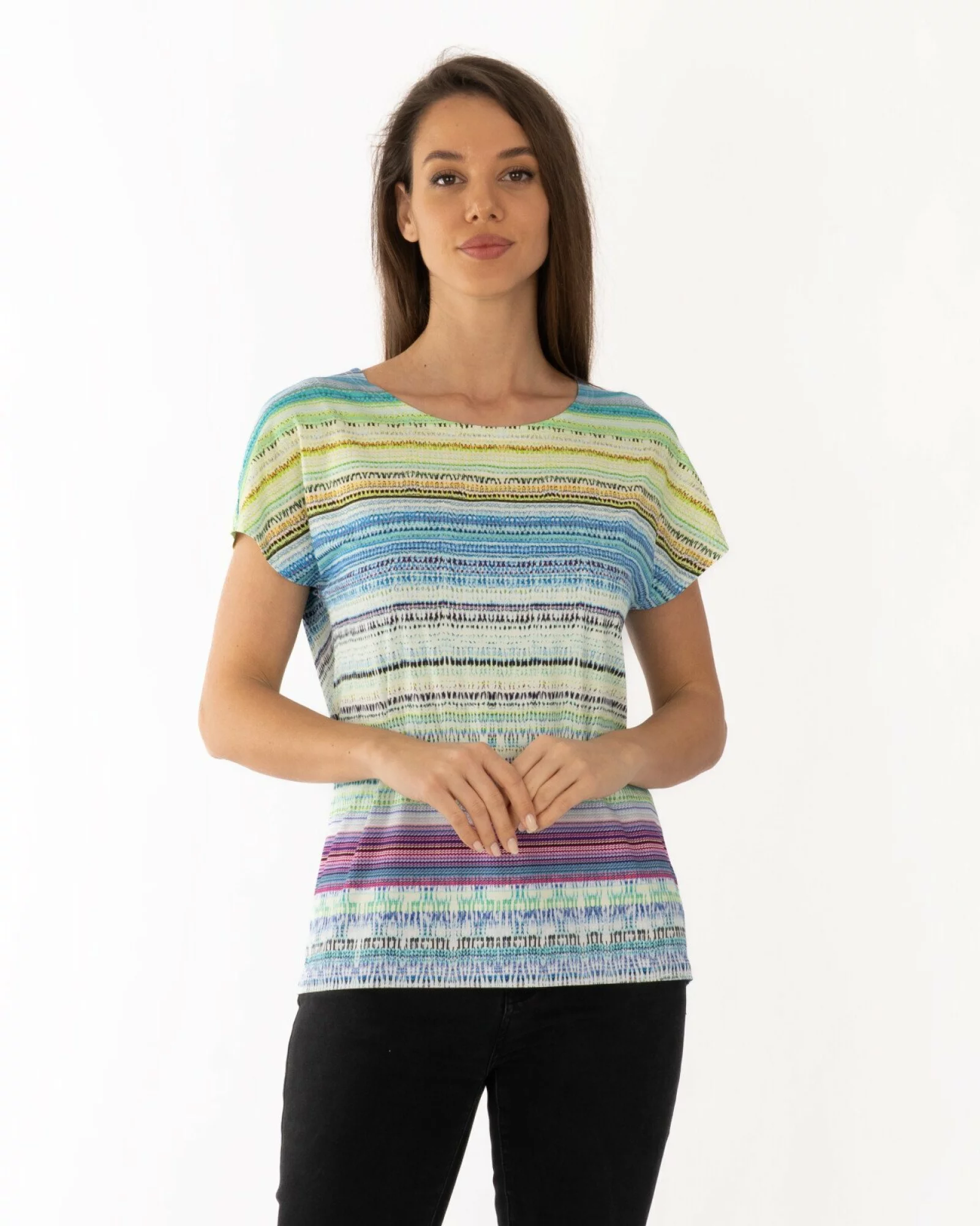 Tricou damă în dungi, croi lejer, umeri căzuți