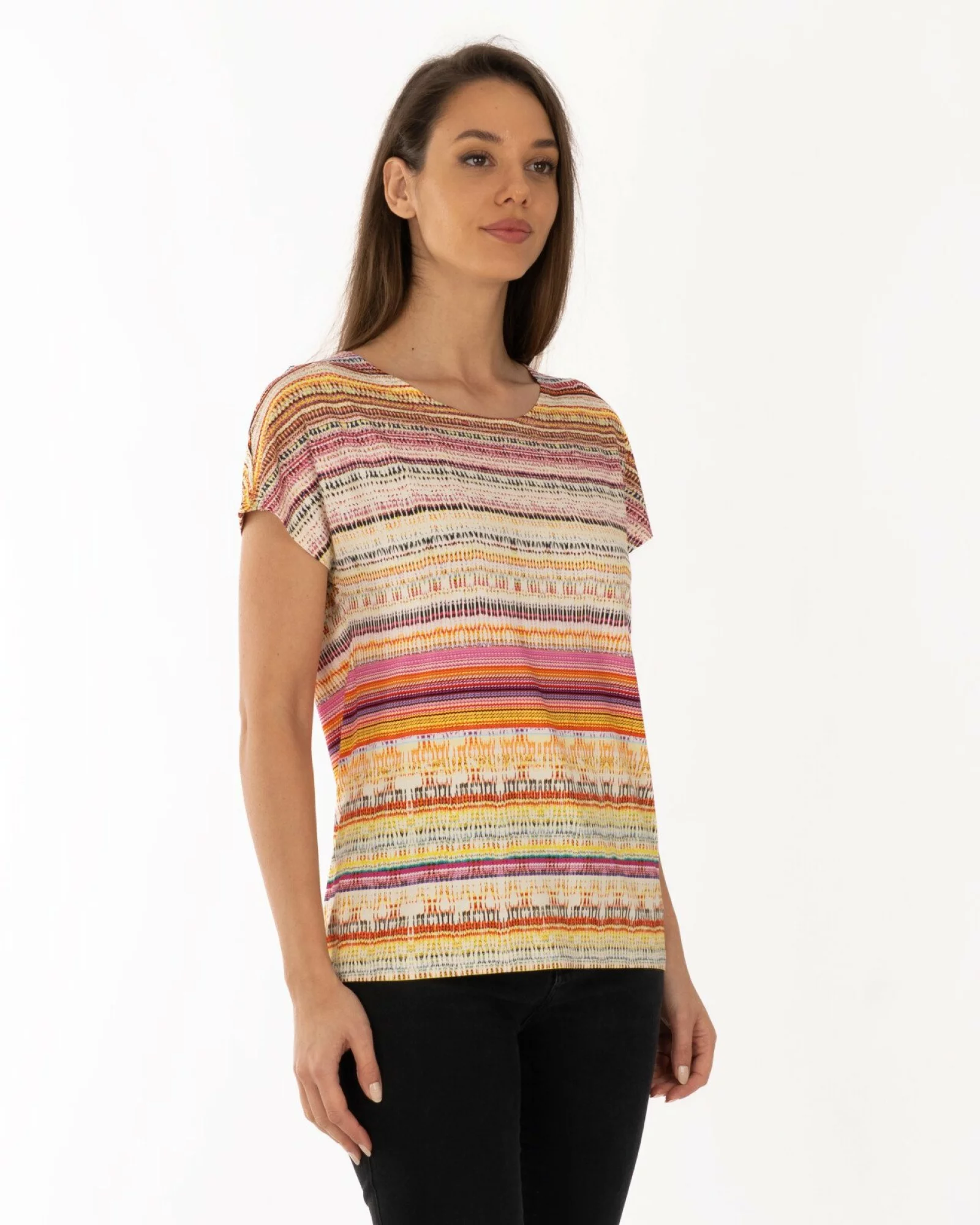 Tricou damă în dungi, croi lejer, umeri căzuți