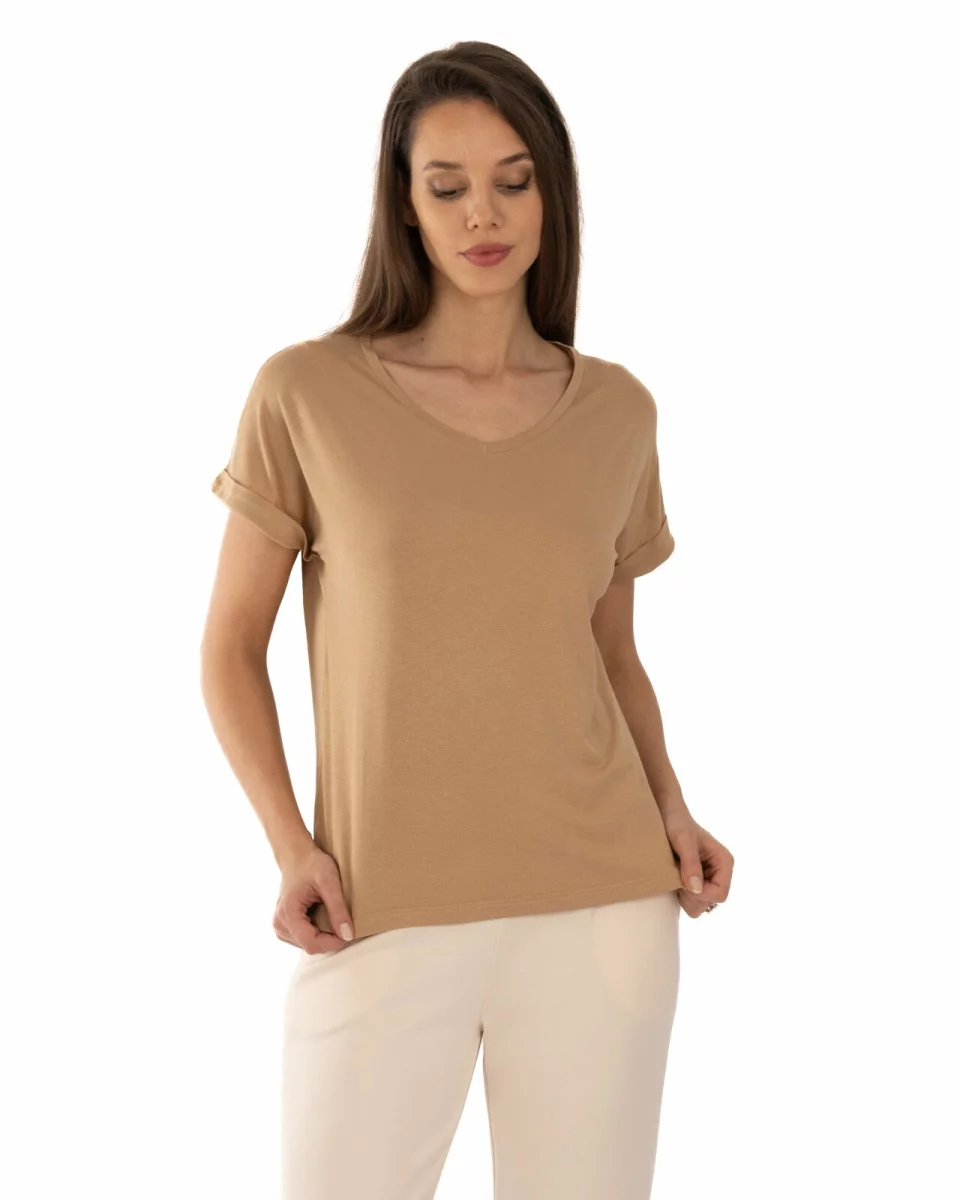 Tricou cappuccino vâscoză elastan cu manșetă