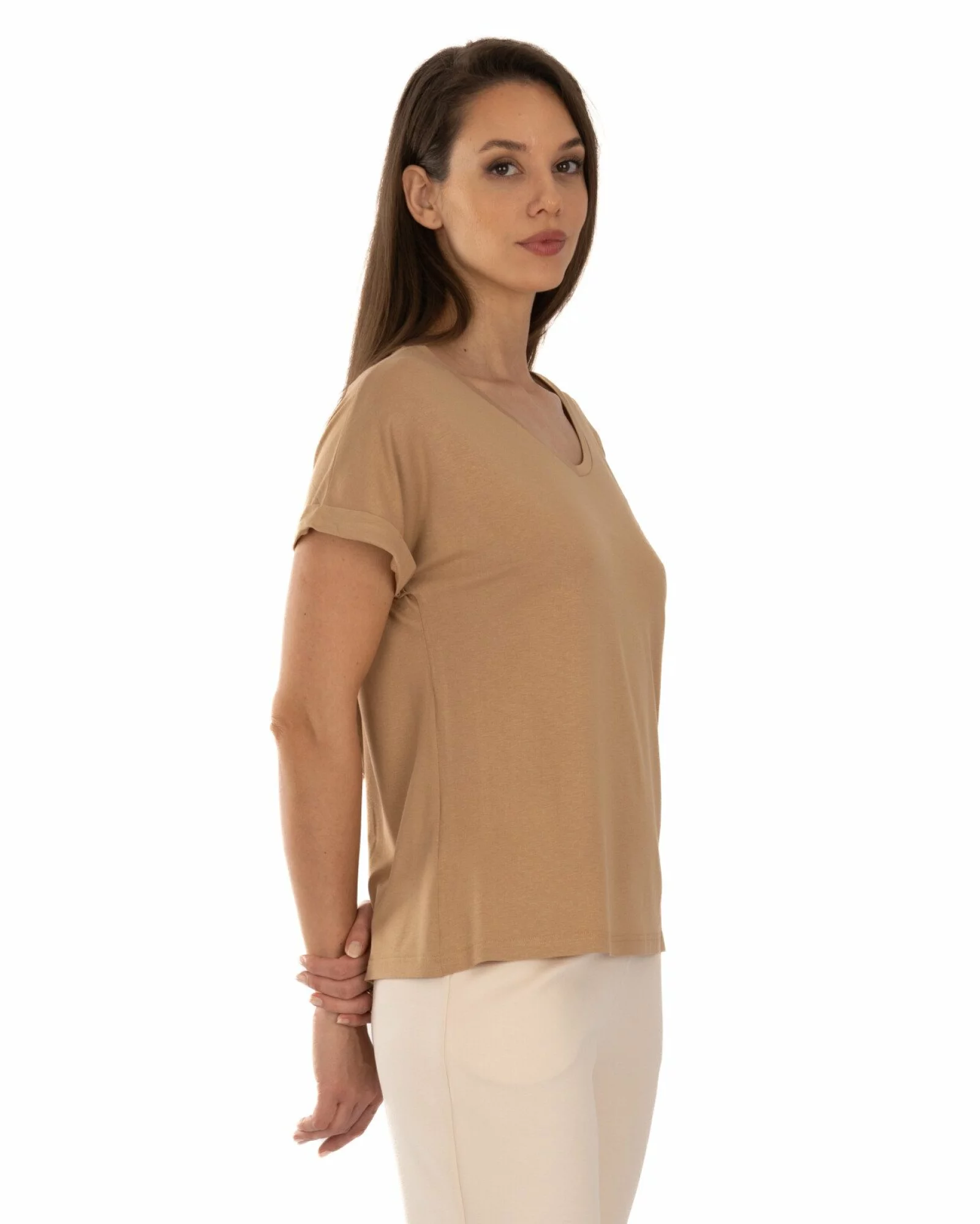 Tricou cappuccino vâscoză elastan cu manșetă