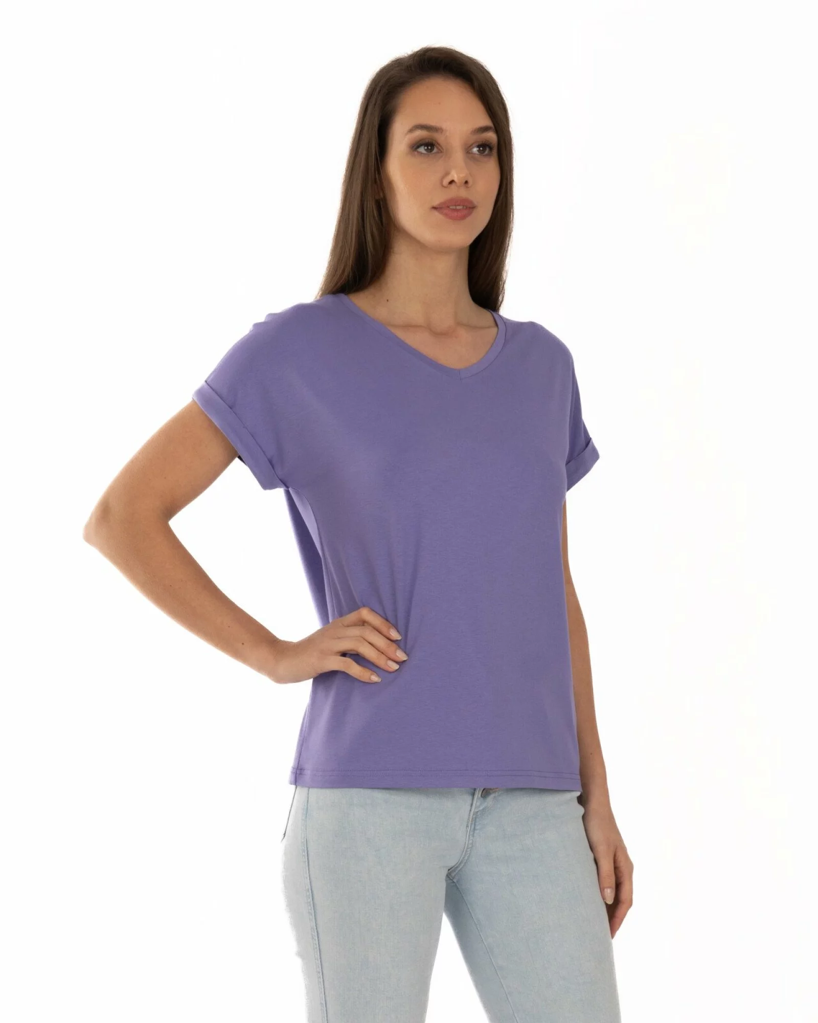 Tricou liliac vâscoză elastan cu manșetă