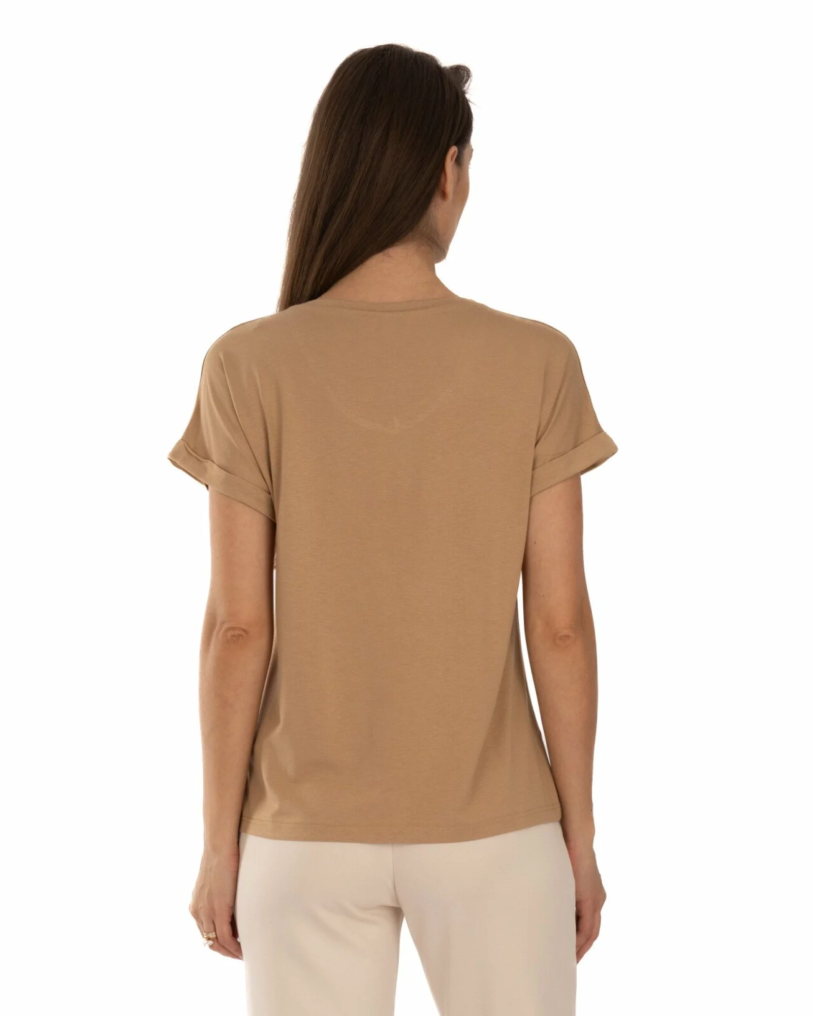 Tricou cappuccino vâscoză elastan cu manșetă