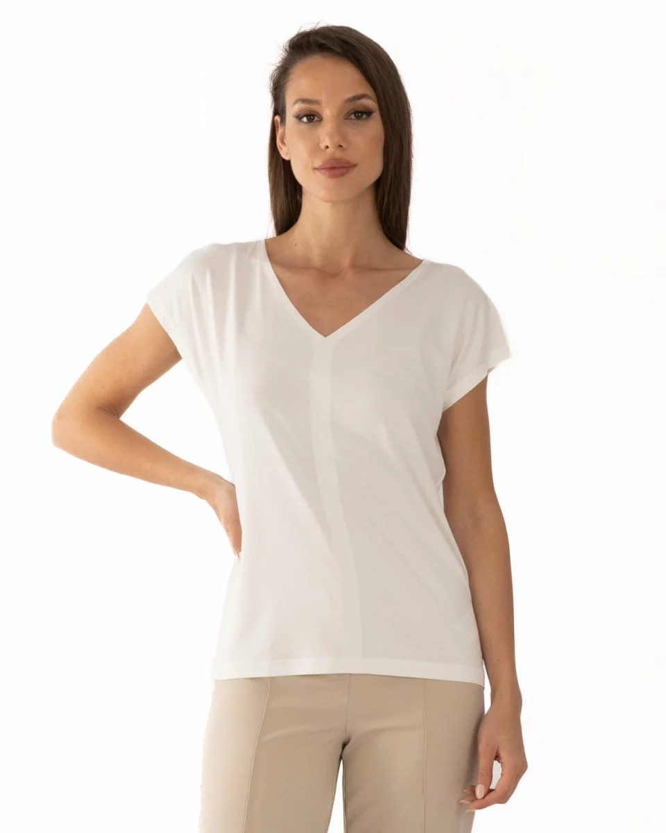 Tricou alb vâscoză elastan cu decolteu V