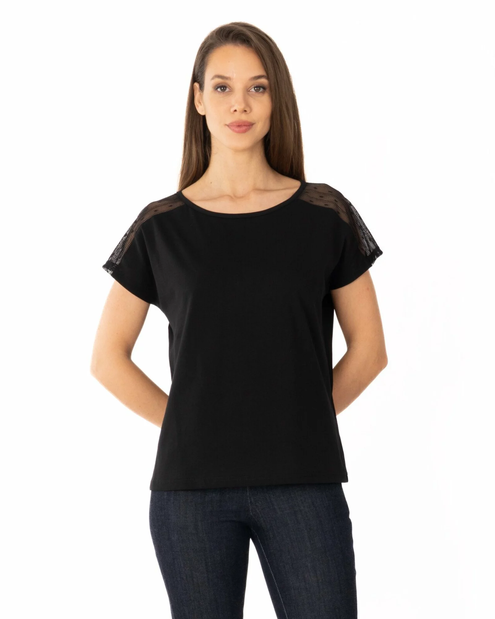 Tricou negru bumbac cu dantelă la umeri