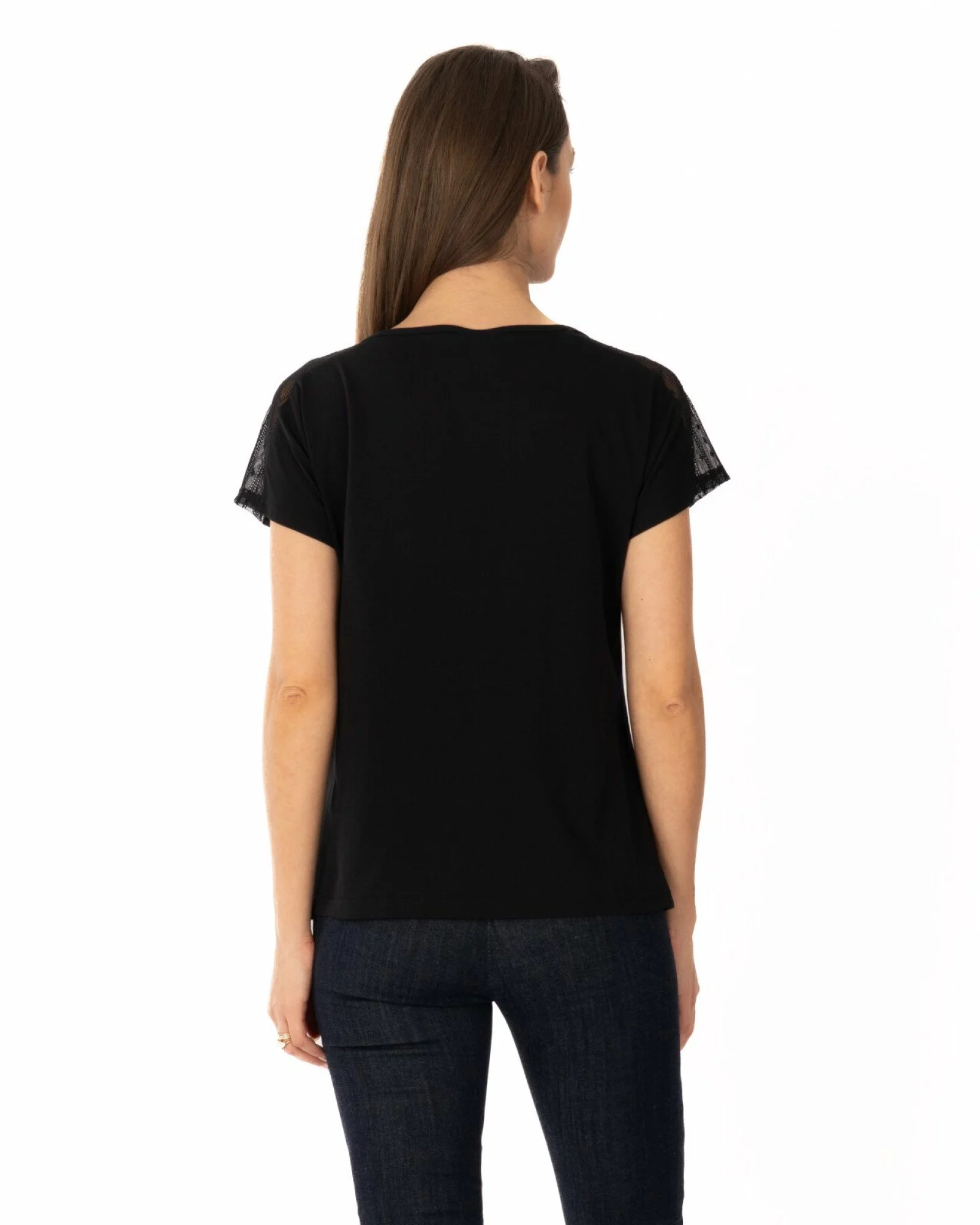 Tricou negru bumbac cu dantelă la umeri