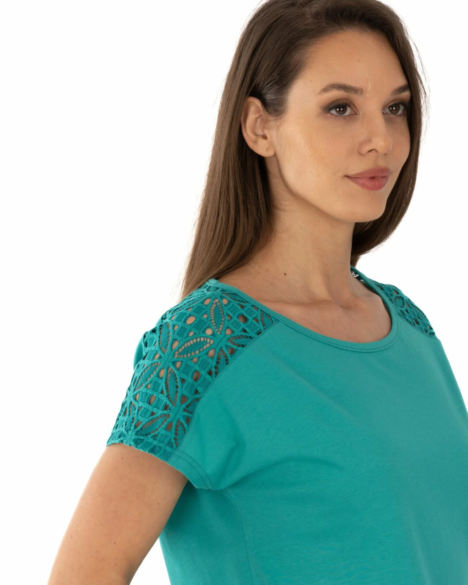 Tricou turcoaz bumbac cu dantelă la umeri