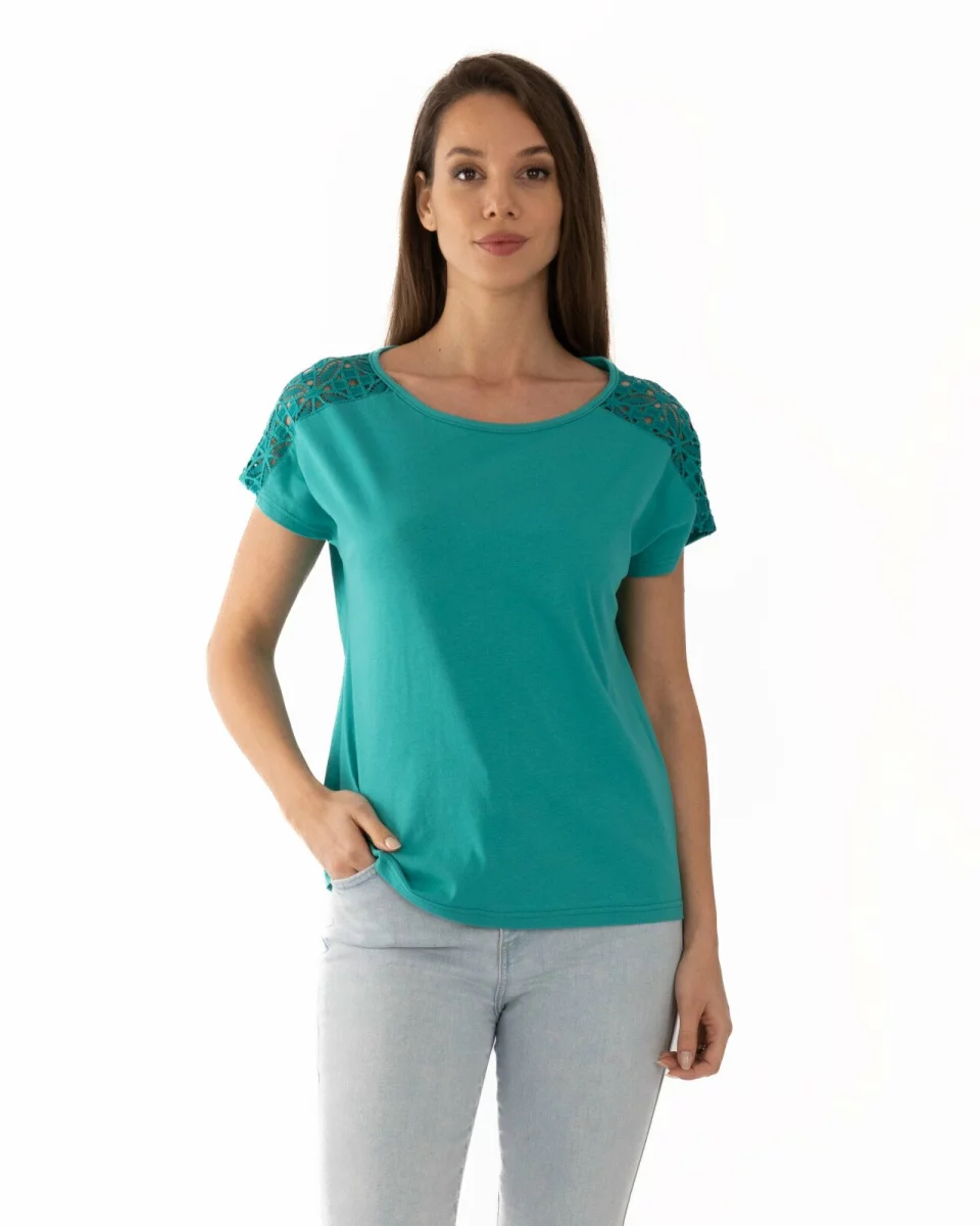Tricou turcoaz bumbac cu dantelă la umeri
