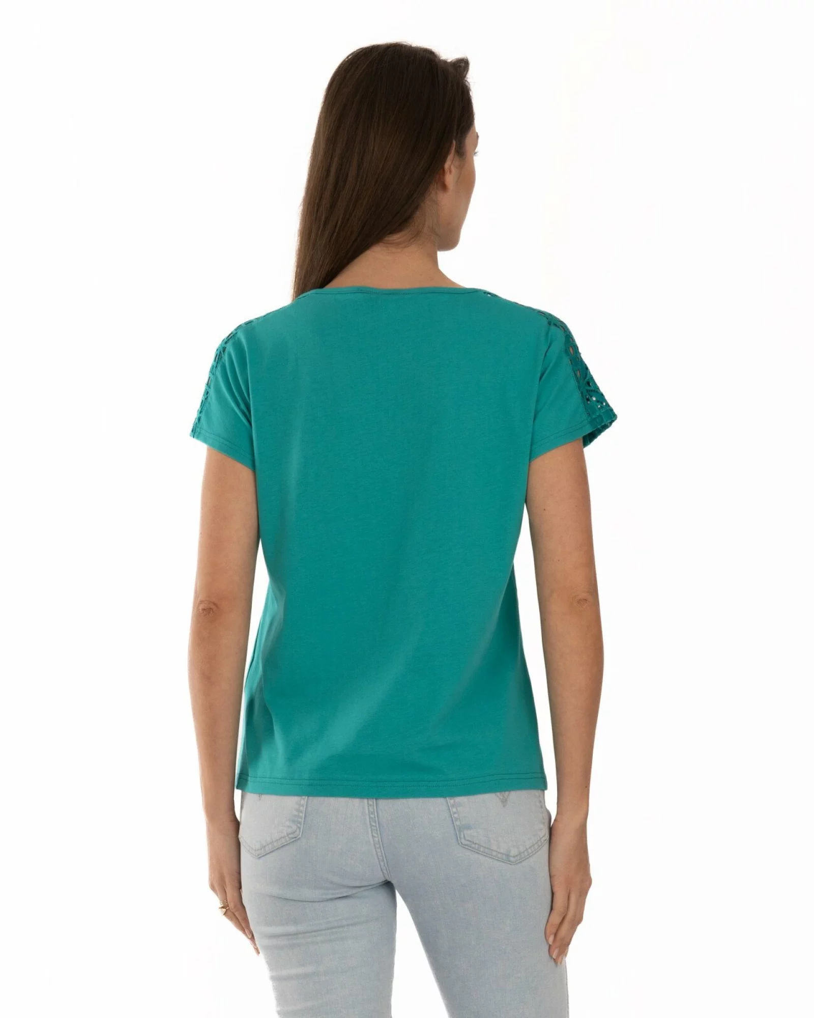 Tricou turcoaz bumbac cu dantelă la umeri