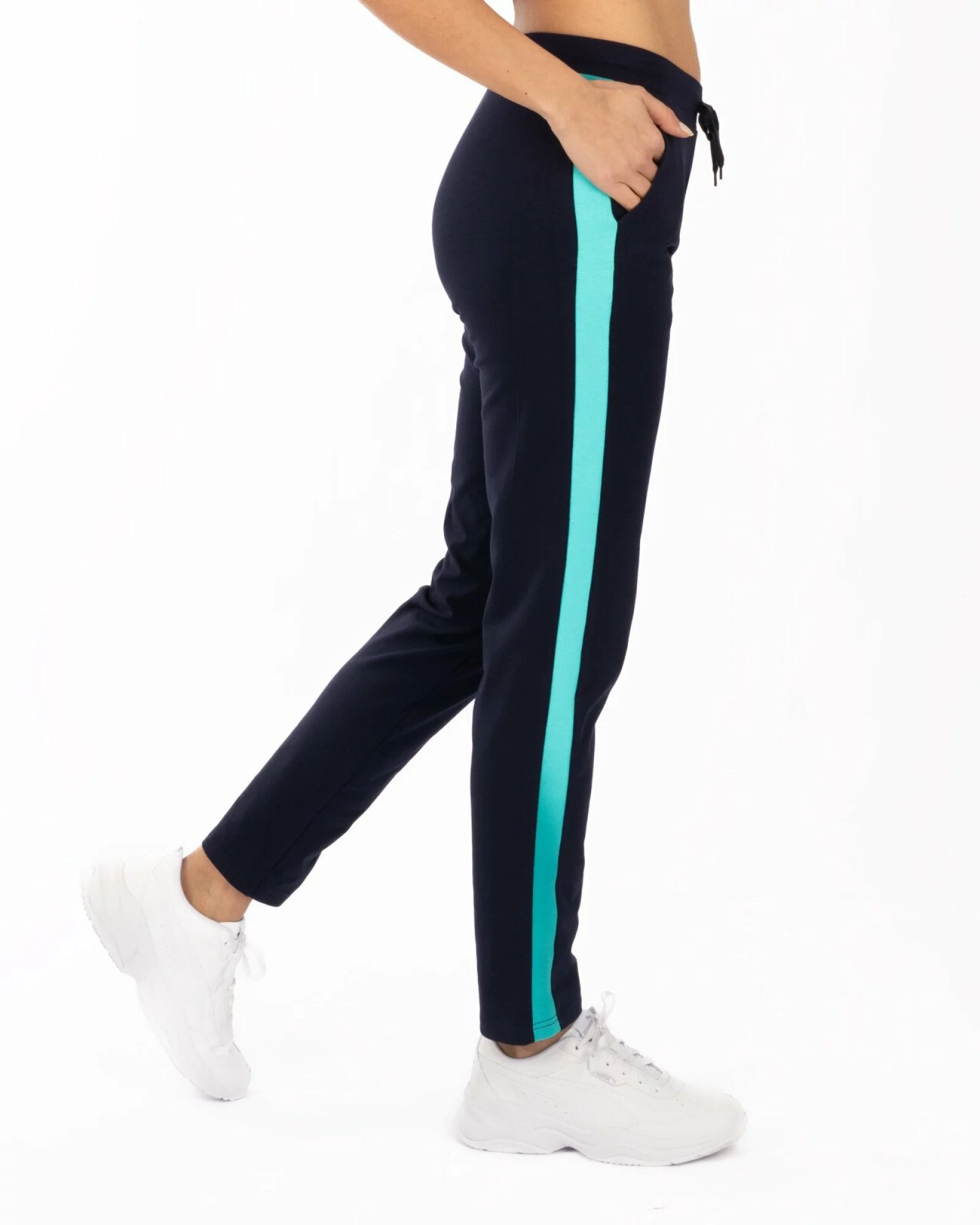 Pantaloni bleumarin de vară conici inserție laterală turcoaz