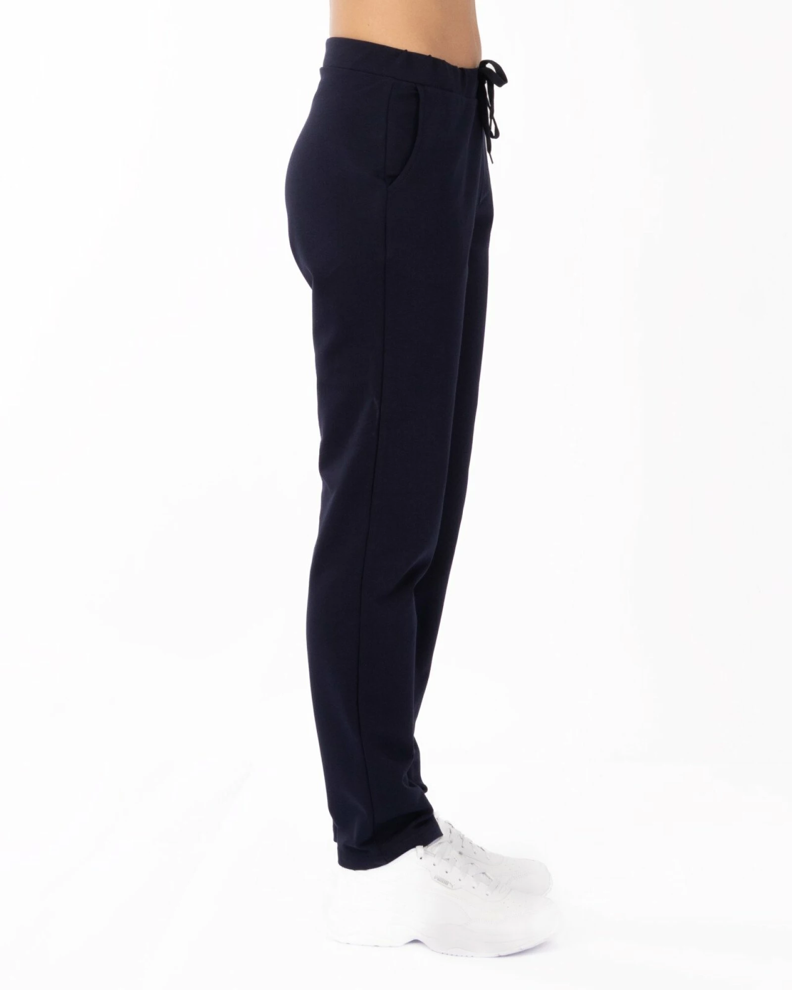 Pantaloni damă bleumarin, croi conic, cu buzunare oblice și șnur