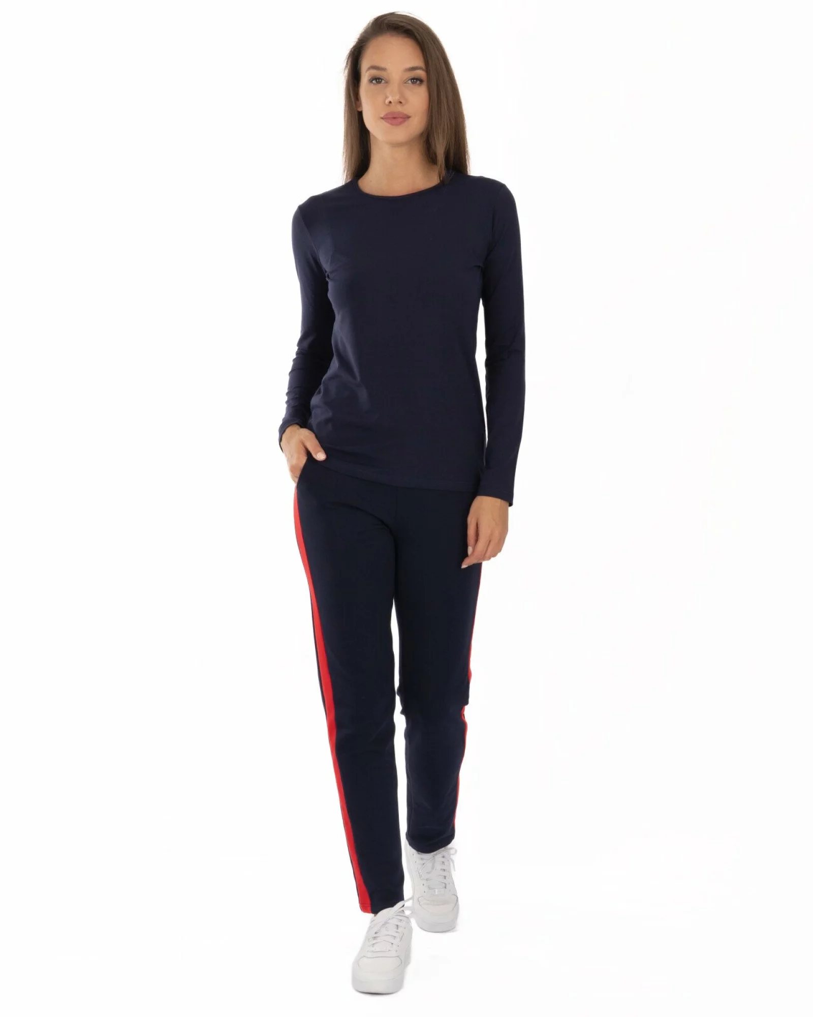 Pantaloni bleumarin ușor conici inserție laterală roșie