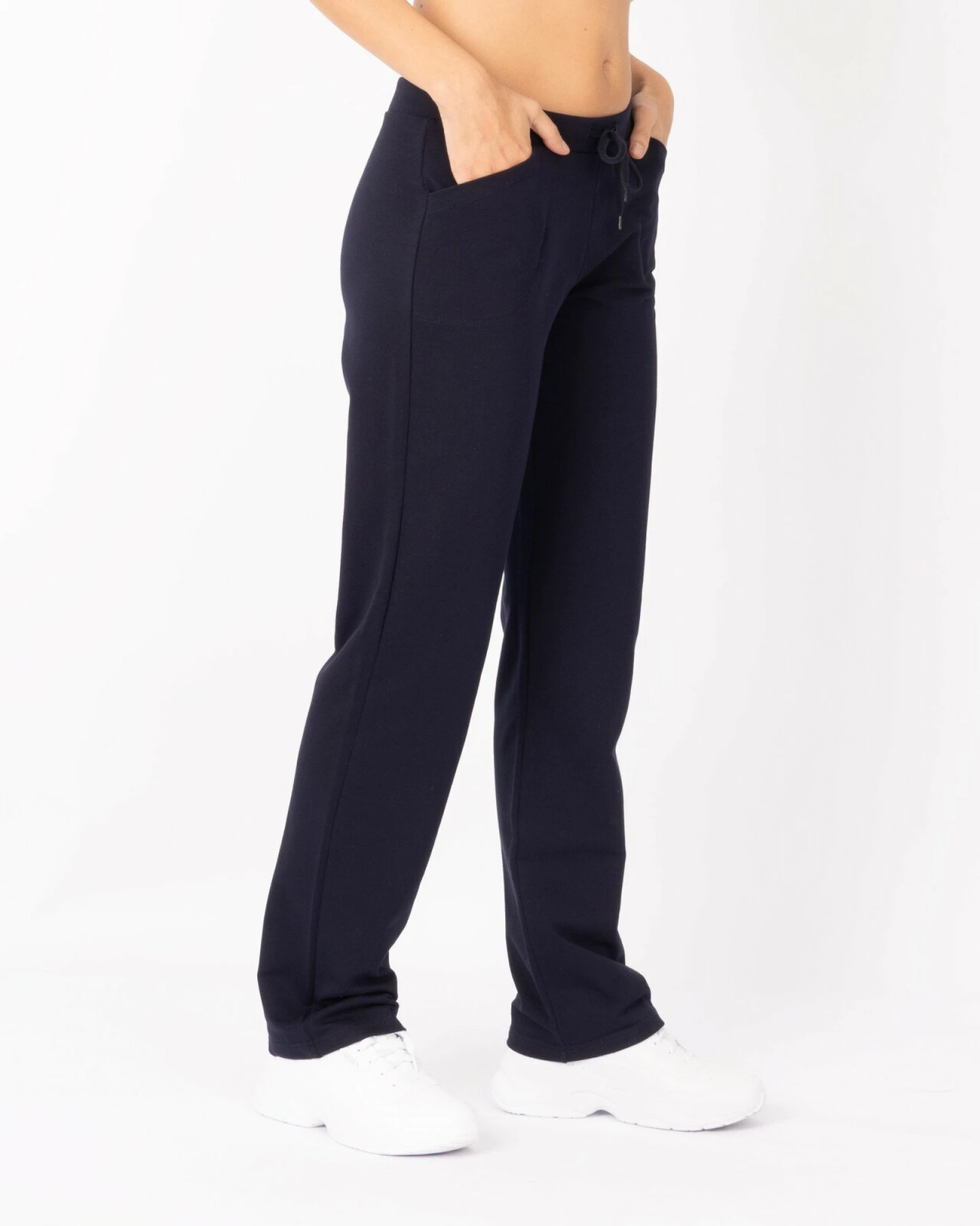 Pantaloni damă bleumarin, croi clasic, cu buzunare aplicate și șnur