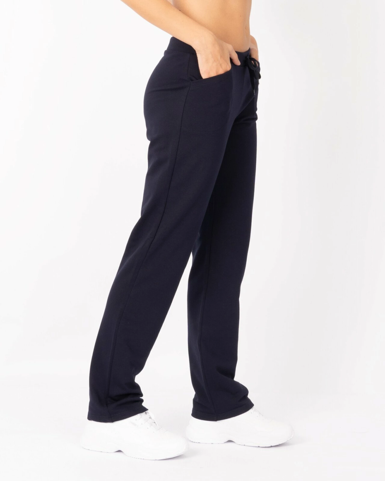 Pantaloni damă bleumarin, croi clasic, cu buzunare aplicate și șnur