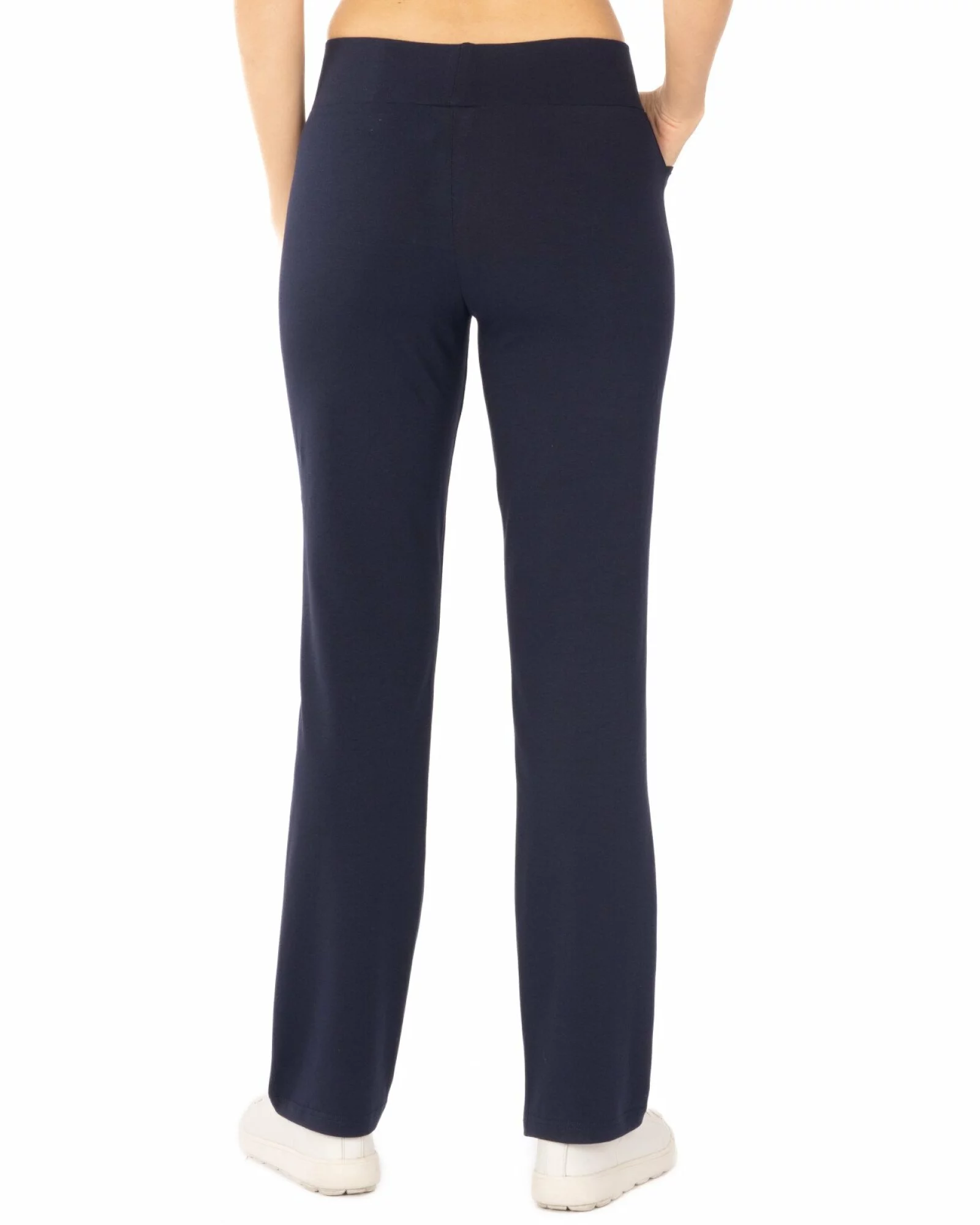 Pantaloni bleumarin de vară croi evazat betelie lată