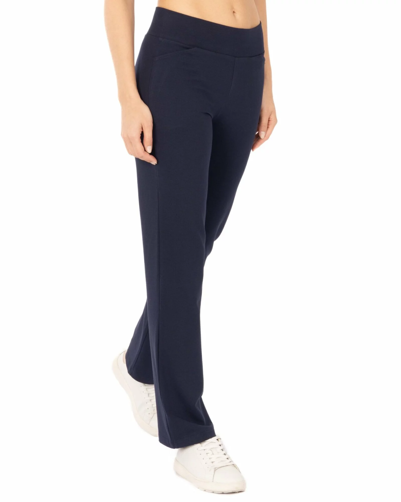Pantaloni bleumarin de vară croi evazat betelie lată