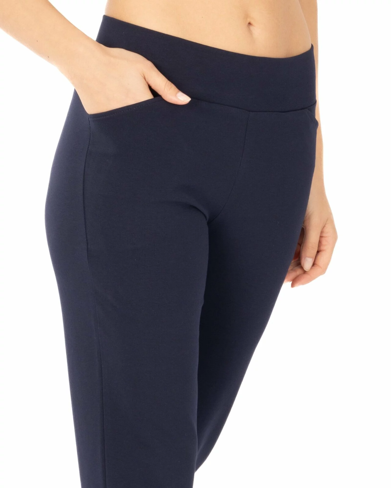 Pantaloni bleumarin de vară croi evazat betelie lată
