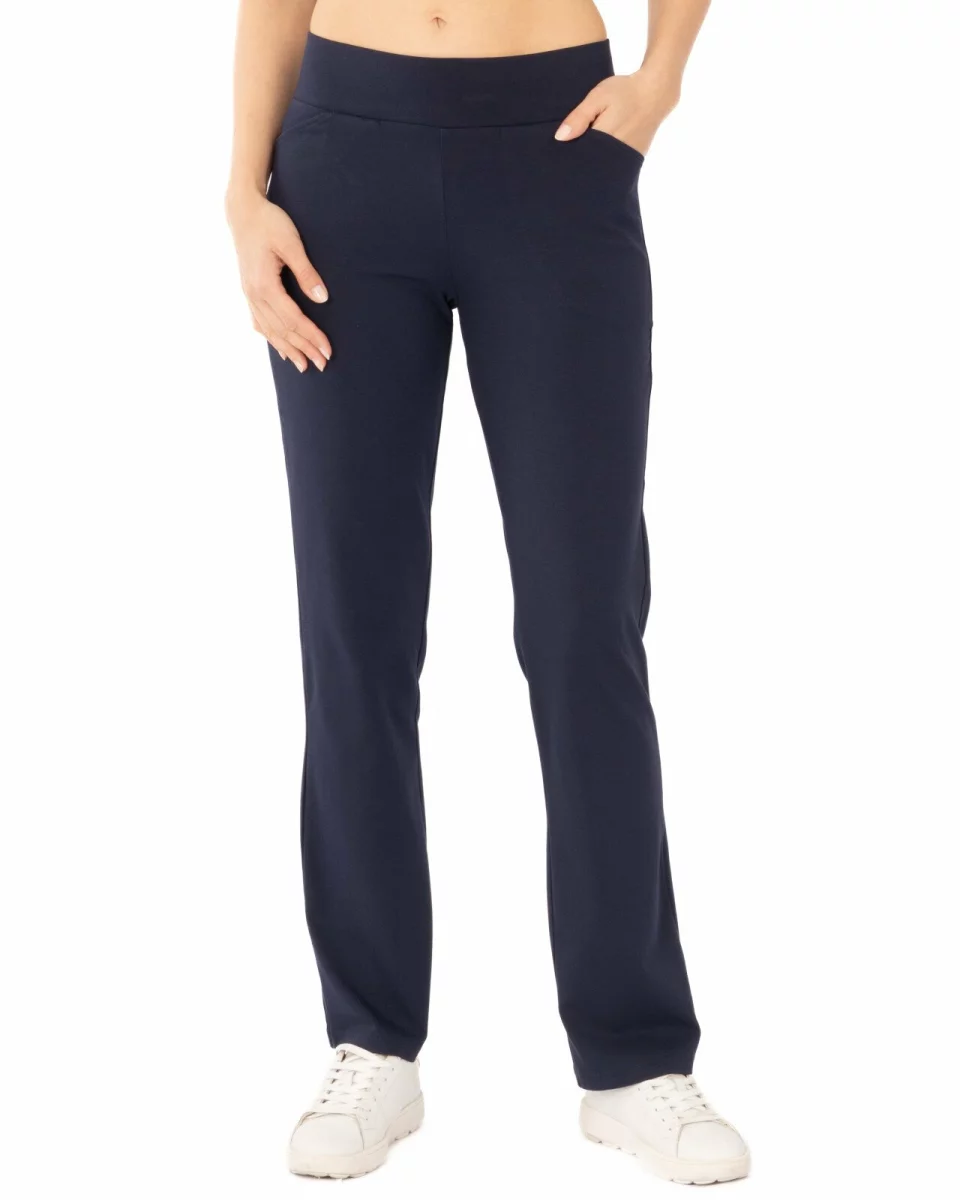 Pantaloni bleumarin de vară croi evazat betelie lată