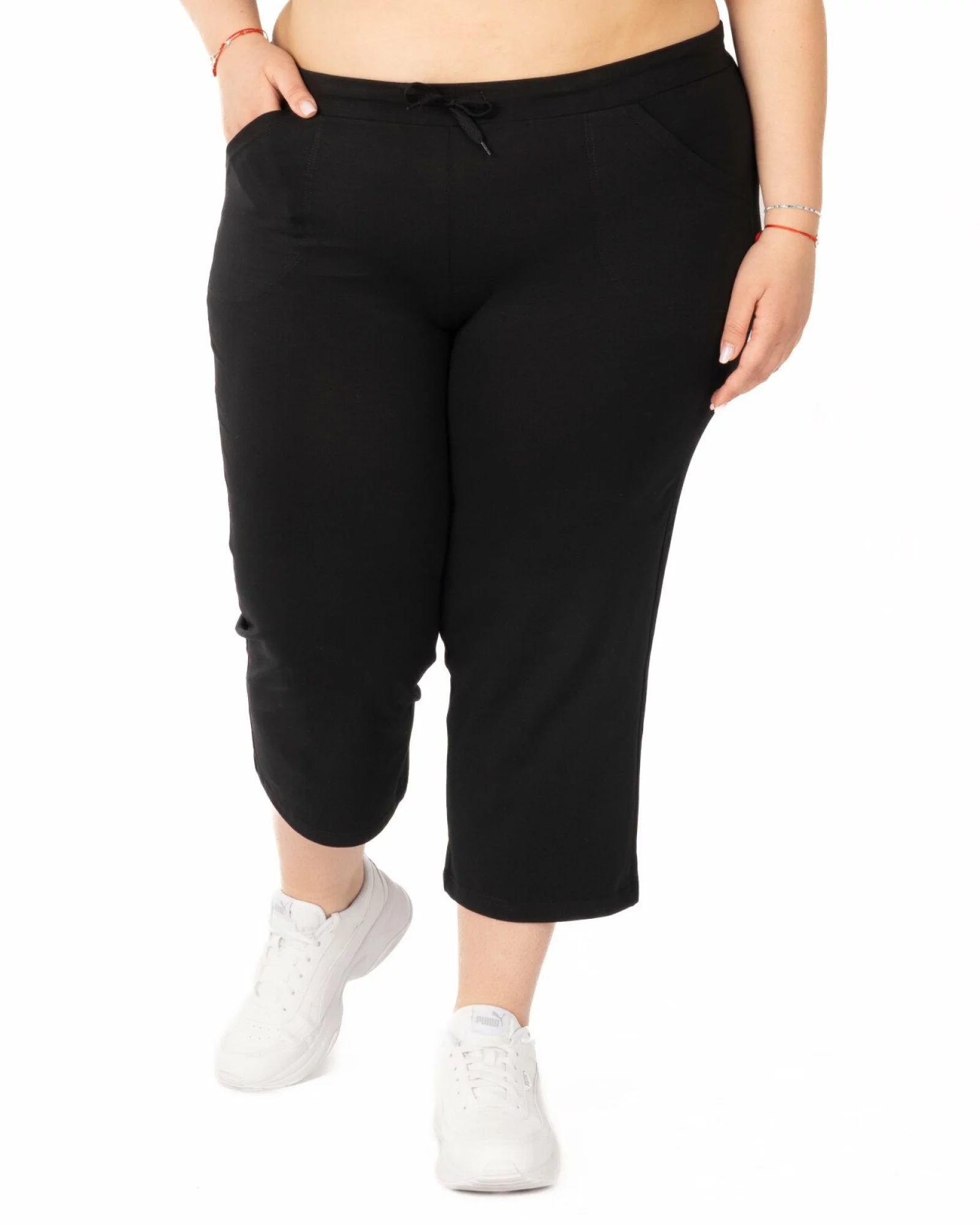 Pantaloni negri 3/4 mărimi mari buzunare aplicate