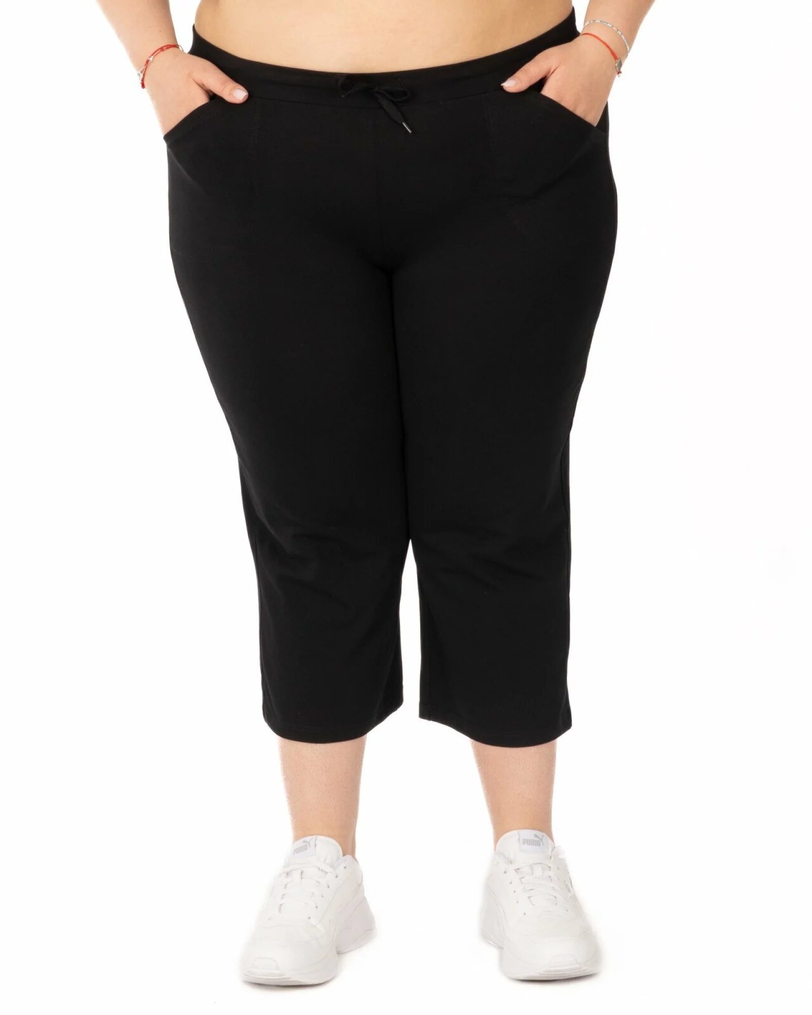 Pantaloni negri 3/4 mărimi mari buzunare aplicate