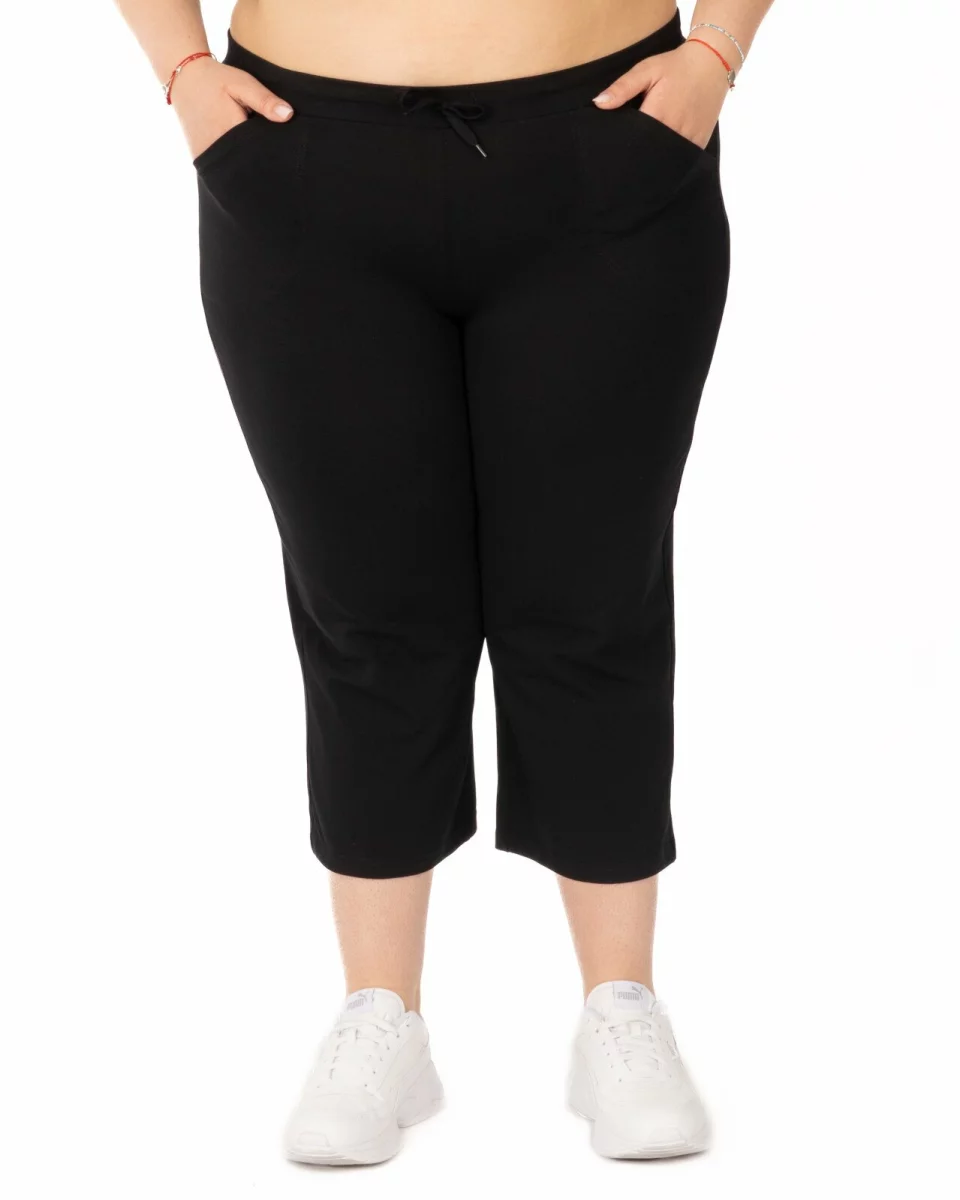 Pantaloni negri 3/4 mărimi mari buzunare aplicate