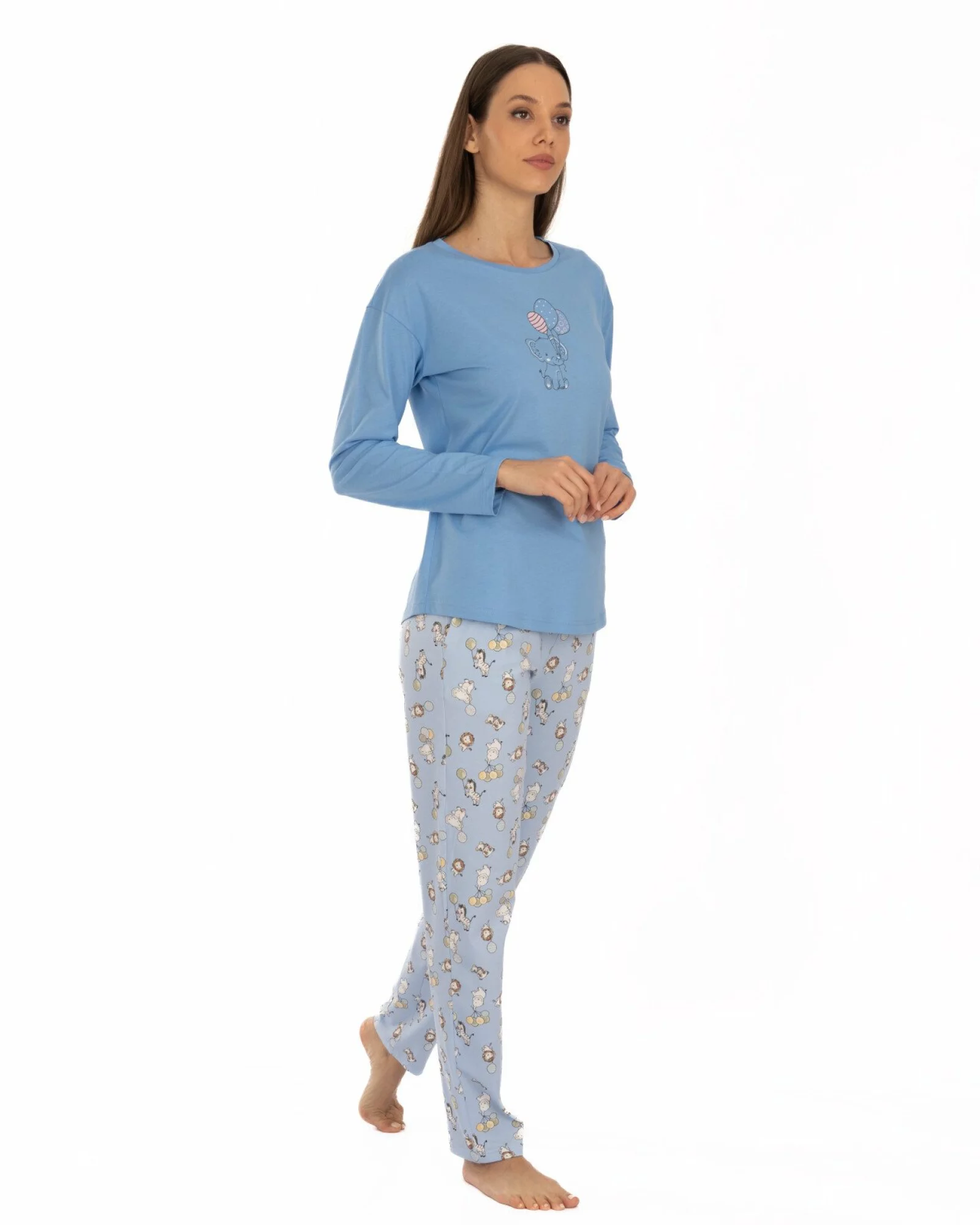 Pijama damă albastru azur din bumbac, lejeră, cu imprimeu