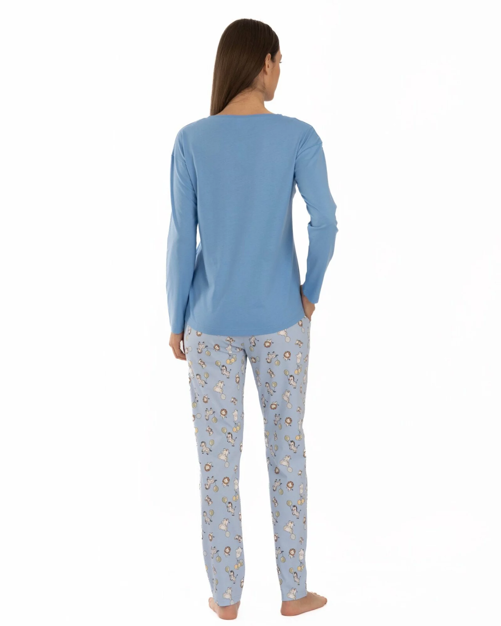 Pijama damă albastru azur din bumbac, lejeră, cu imprimeu