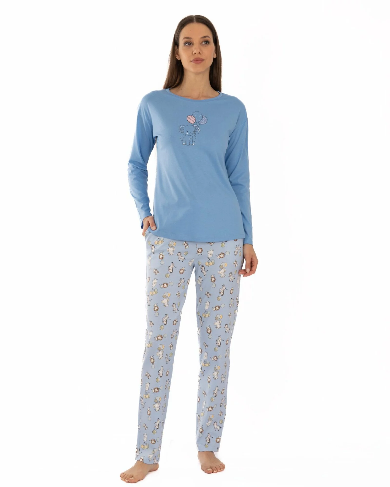 Pijama damă albastru azur din bumbac, lejeră, cu imprimeu