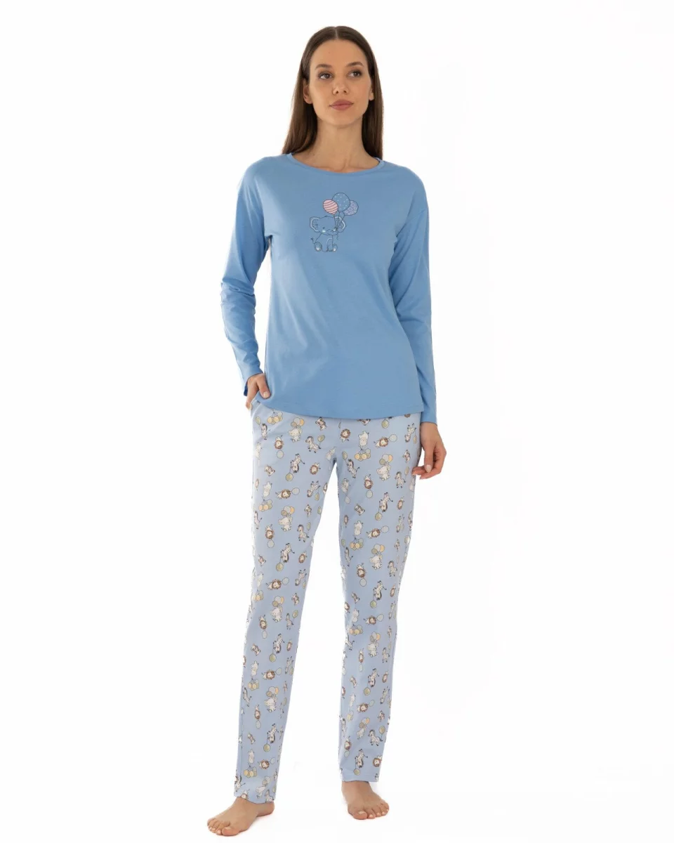 Pijama damă albastru azur din bumbac, lejeră, cu imprimeu