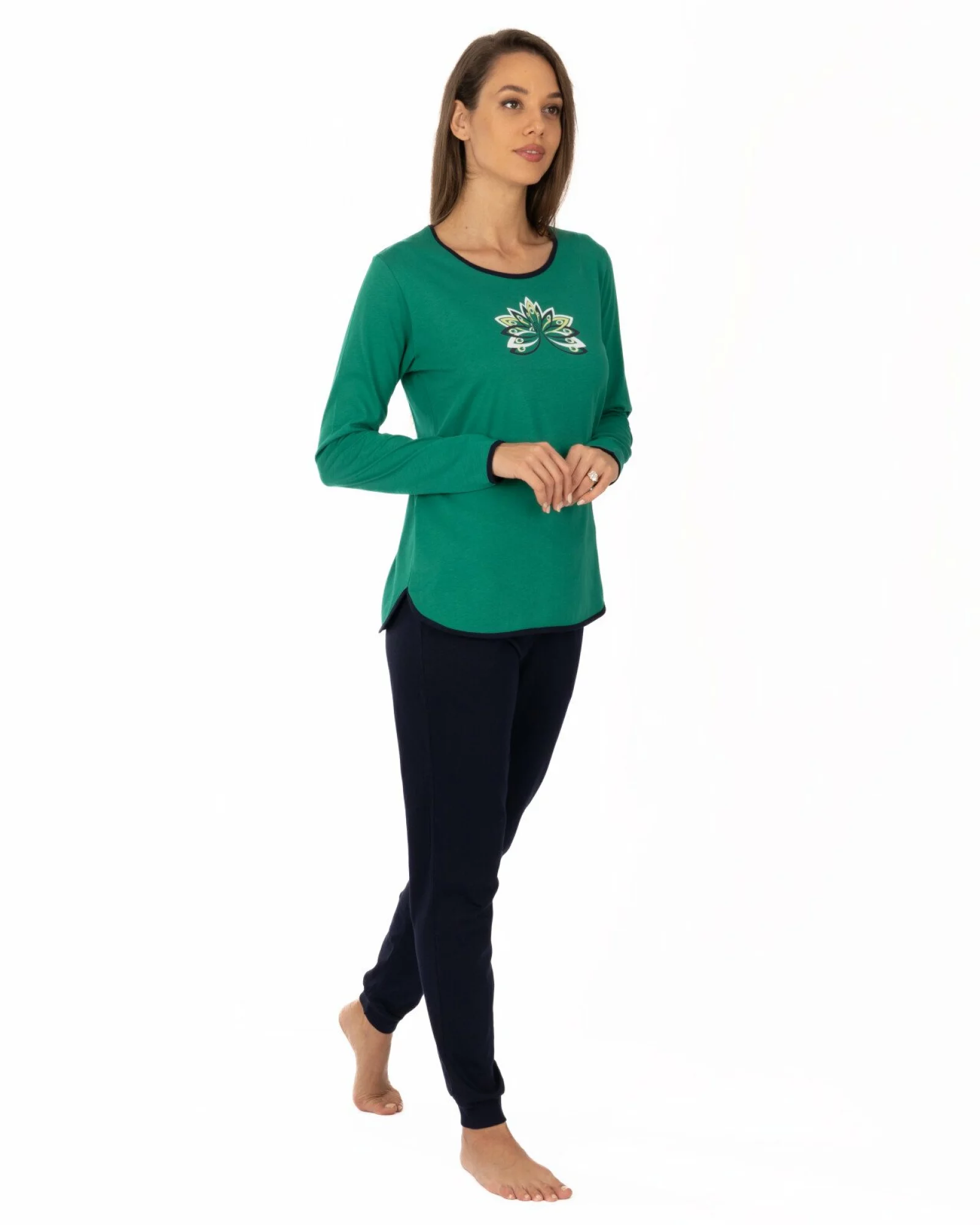 Pijama verde din bumbac cu terminații conturate