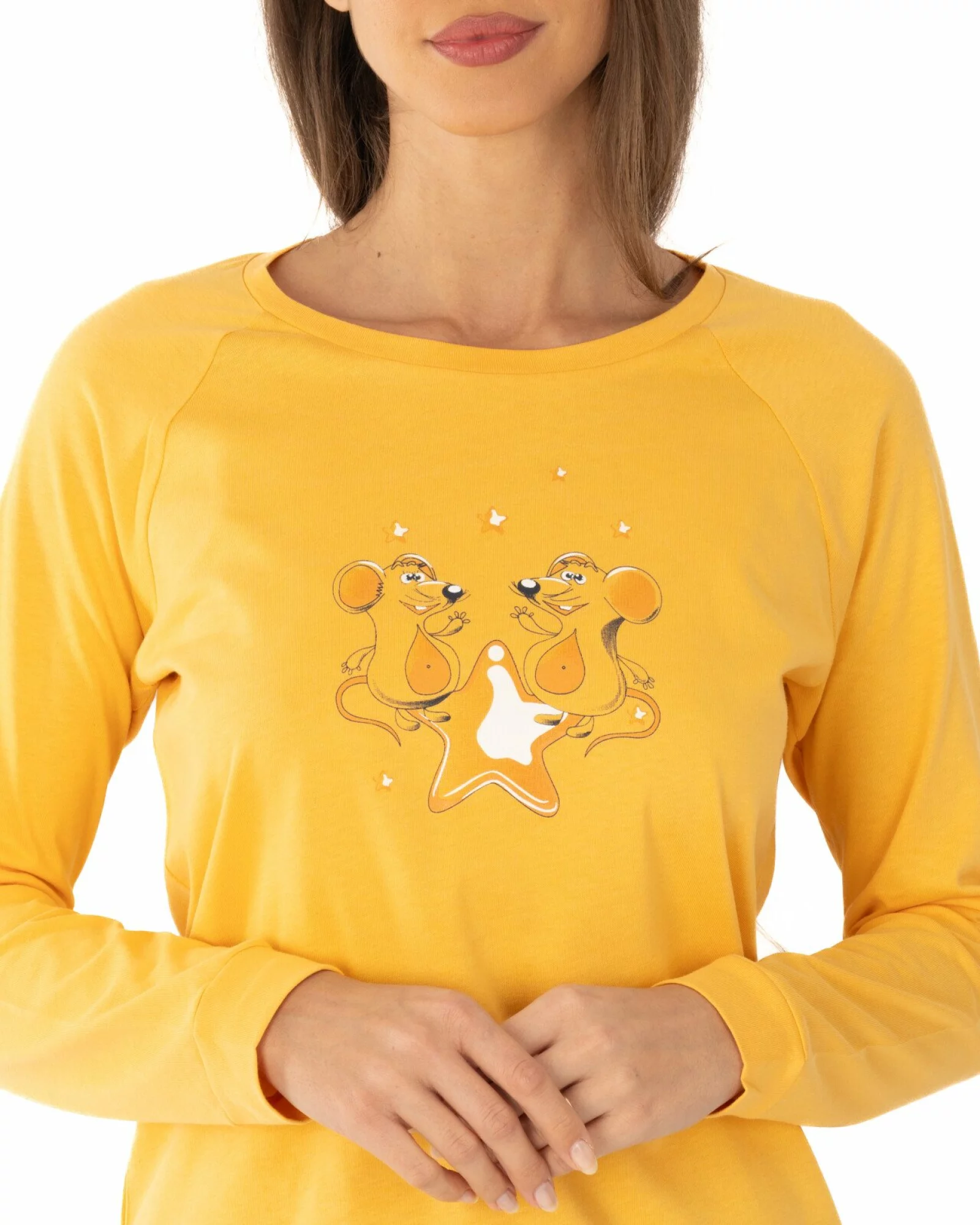Pijama golden din bumbac, model raglan cu manșete