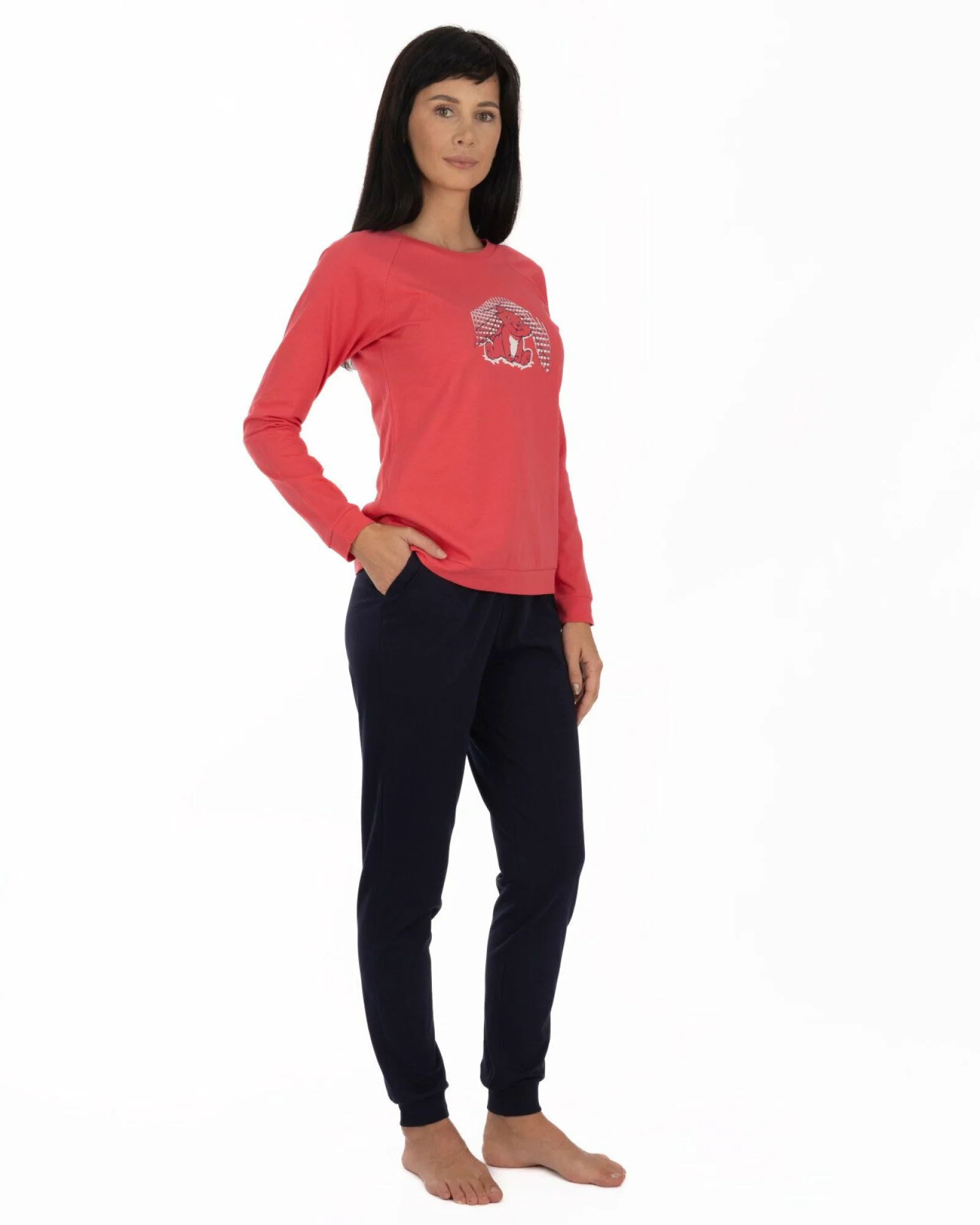 Pijama roz coral din bumbac, model raglan cu manșete