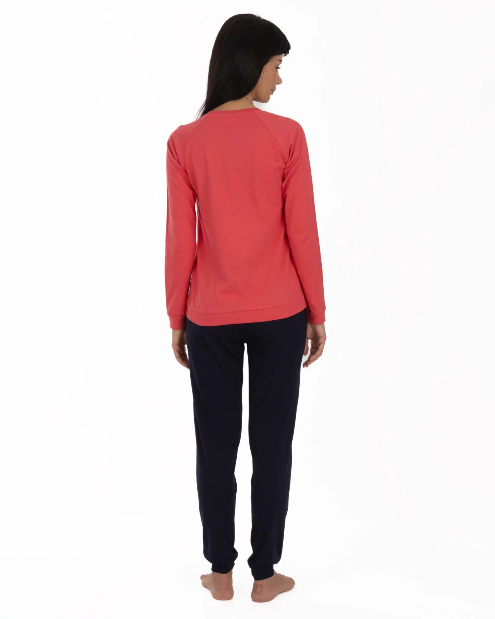 Pijama roz coral din bumbac, model raglan cu manșete