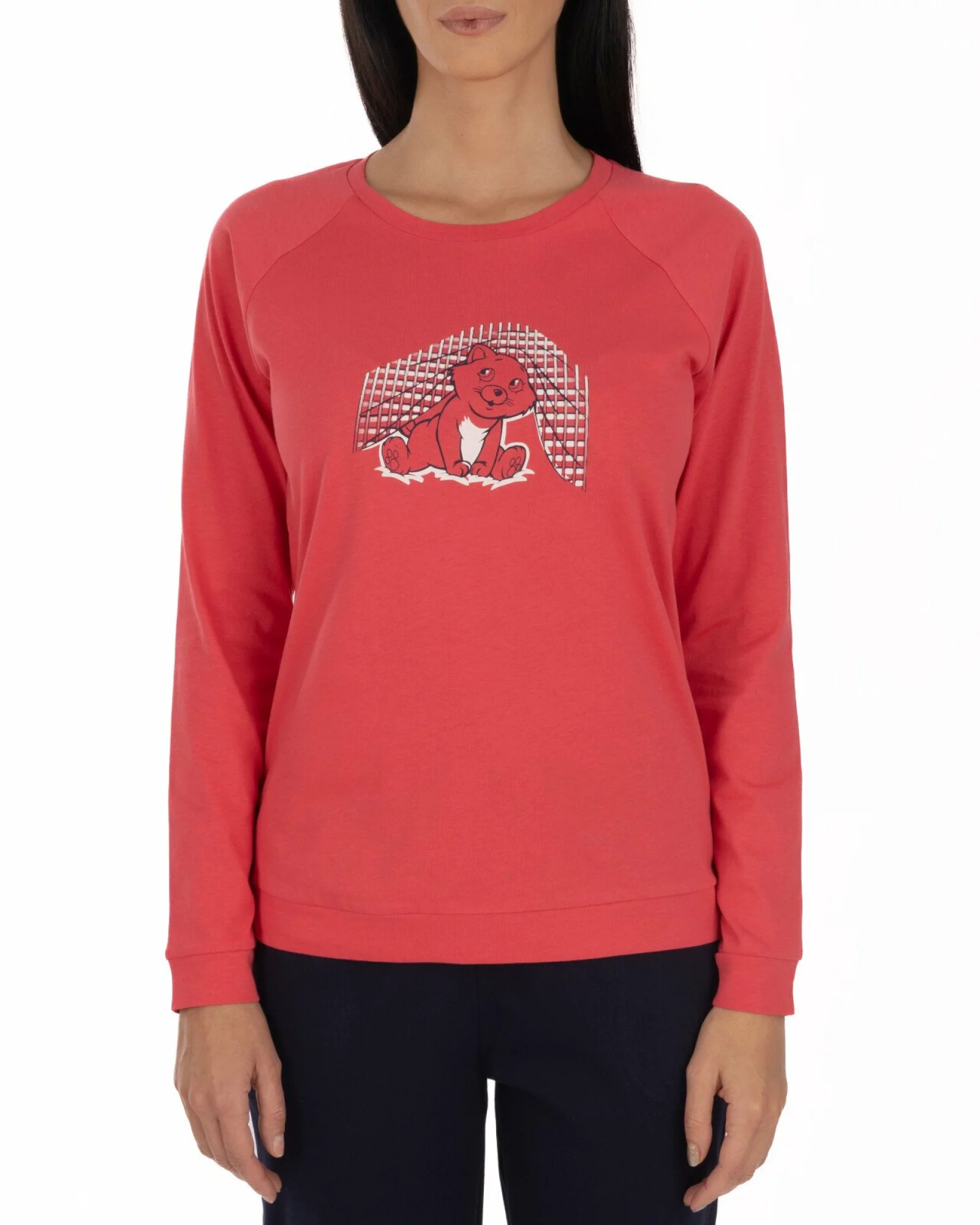 Pijama roz coral din bumbac, model raglan cu manșete