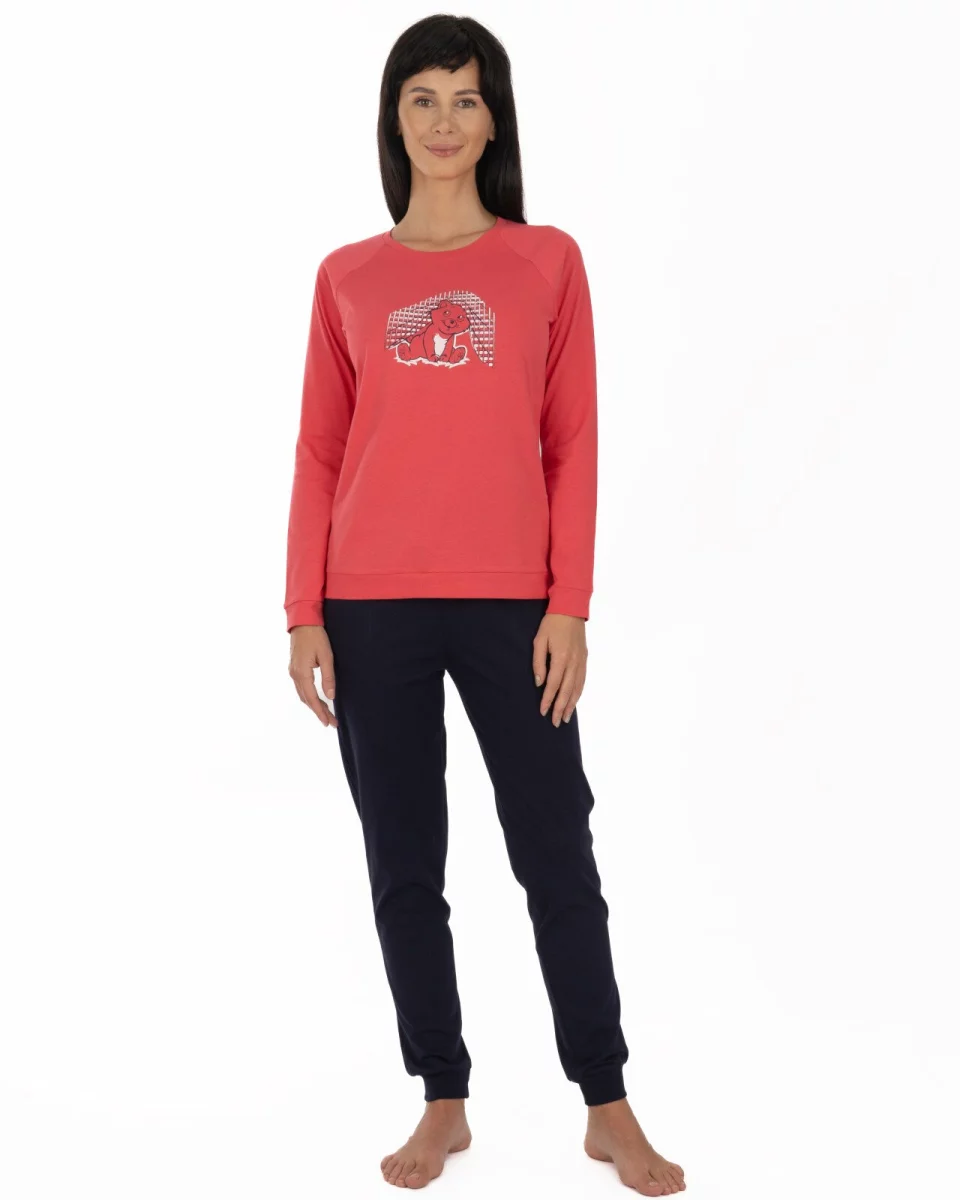 Pijama roz coral din bumbac, model raglan cu manșete